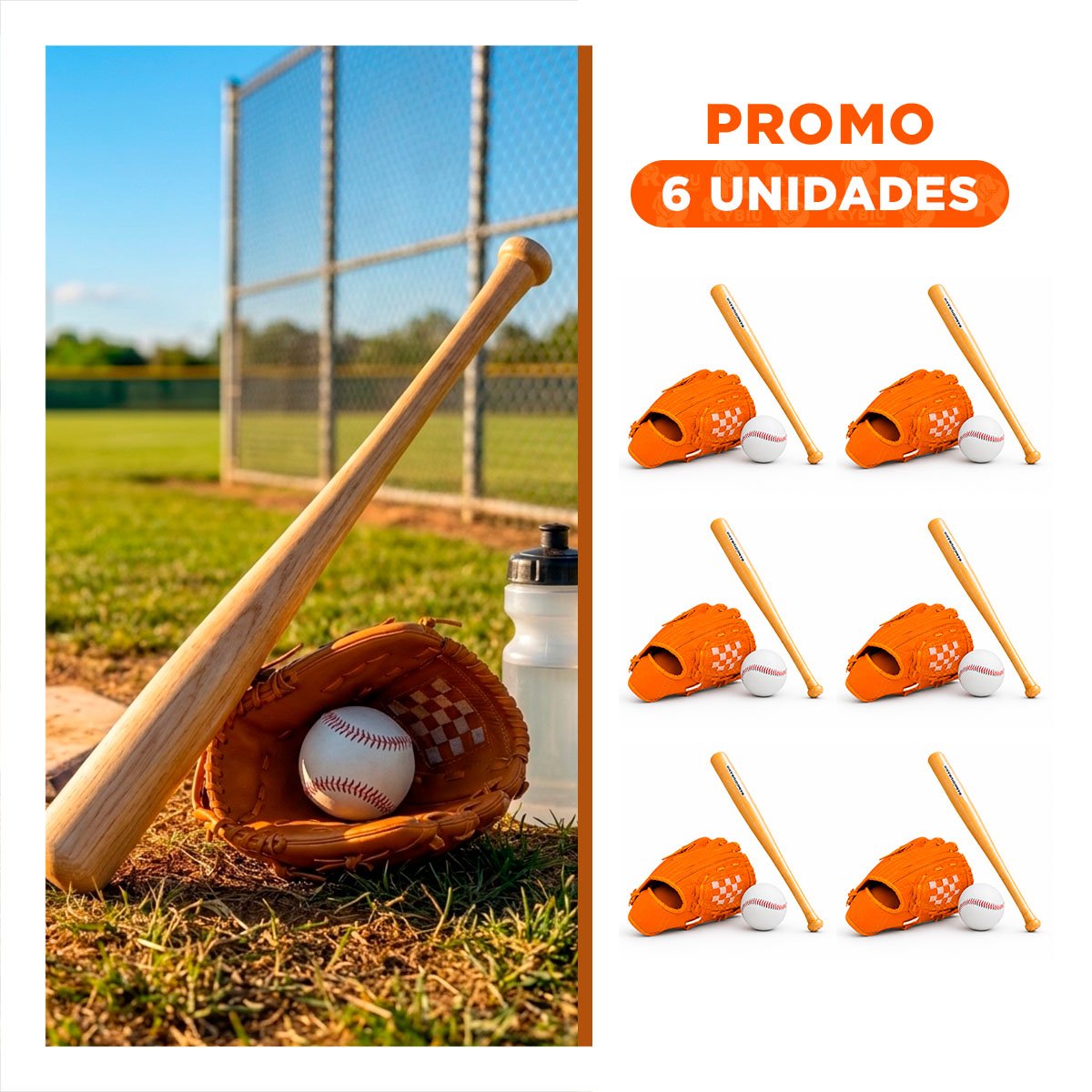 PACK6 SET DEPORTIVO MARRON CON IMPLEMENTOS DE MADERA PARA BEISBOL - 1