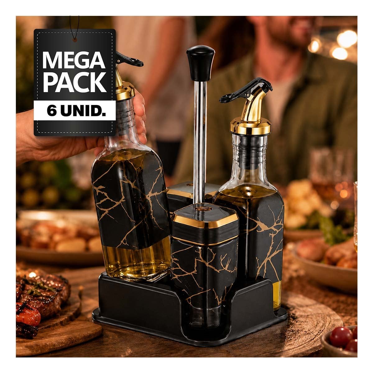 PACK6 SET PORTA FRASCOS PARA CONDIMENTOS CON BASE DIS MARMOL NEGRO YPAPEL REGALO - 1