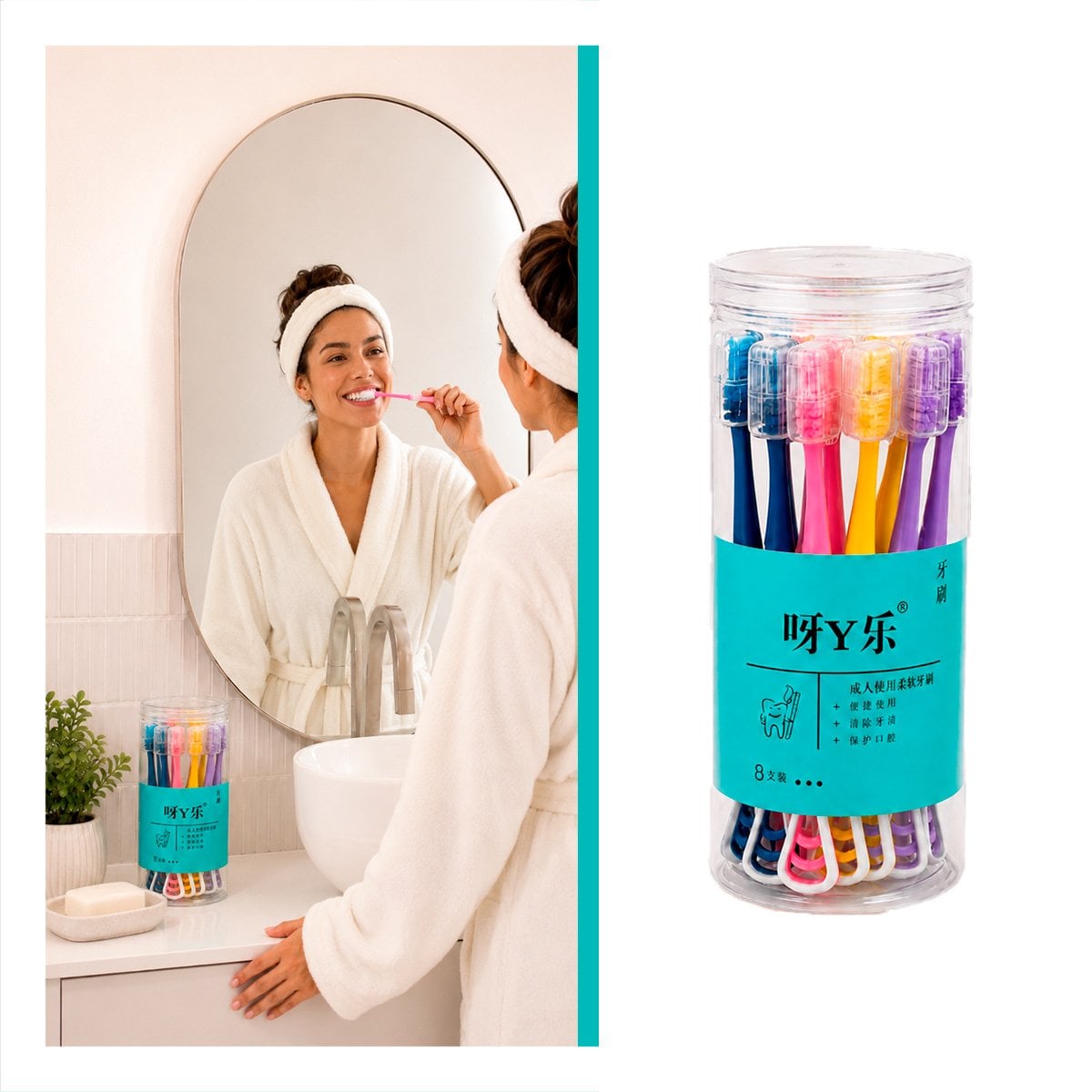 SET 8 CEPILLOS DE HIGIENE ORAL CON LIMPIADOR LENGUA MULTICOLOR Y STICKY - 1