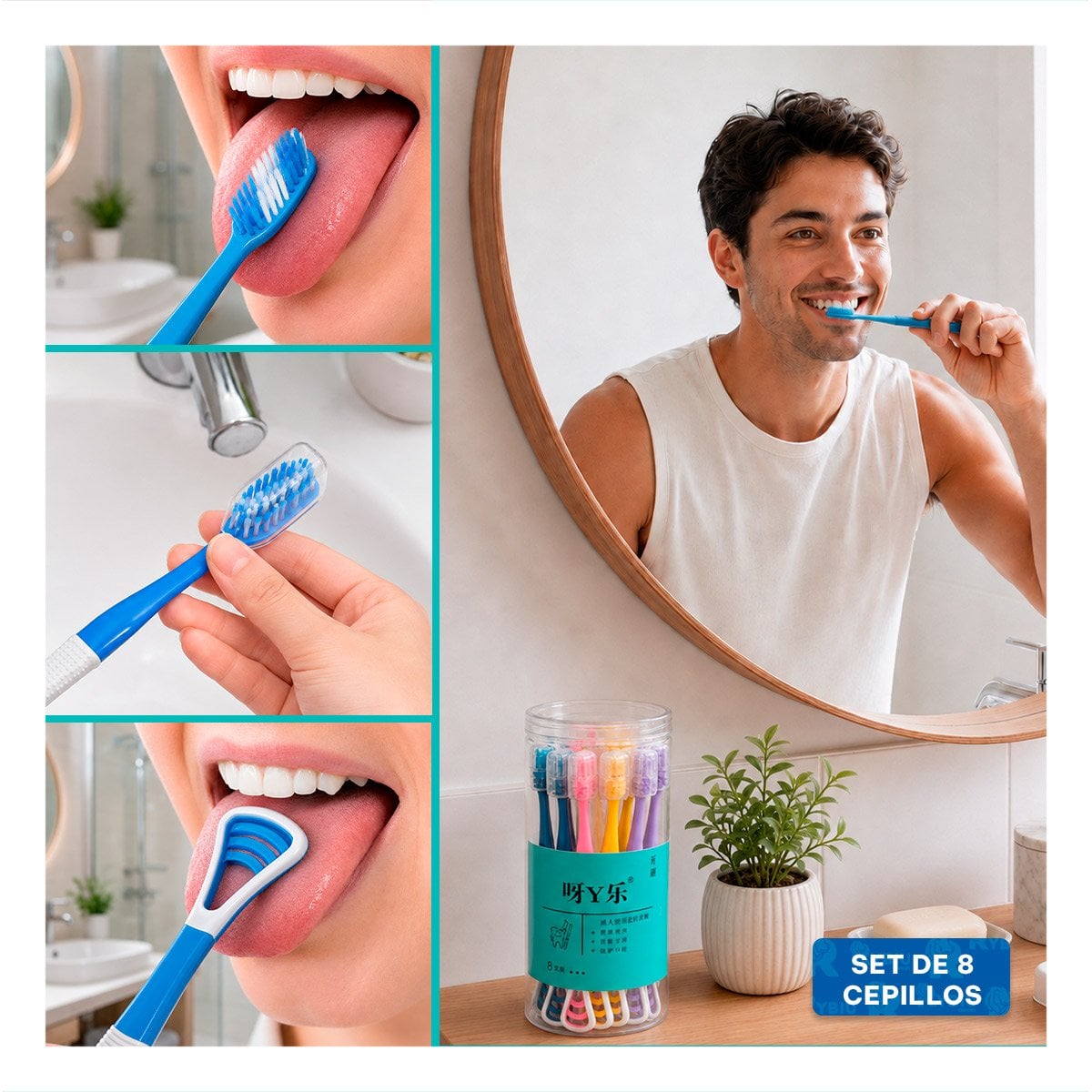 PACK12 KIT 8 CEPILLOS DE DIENTES CON LIMPIADOR LENGUA ESTUCHE MULTICOLOR - 4