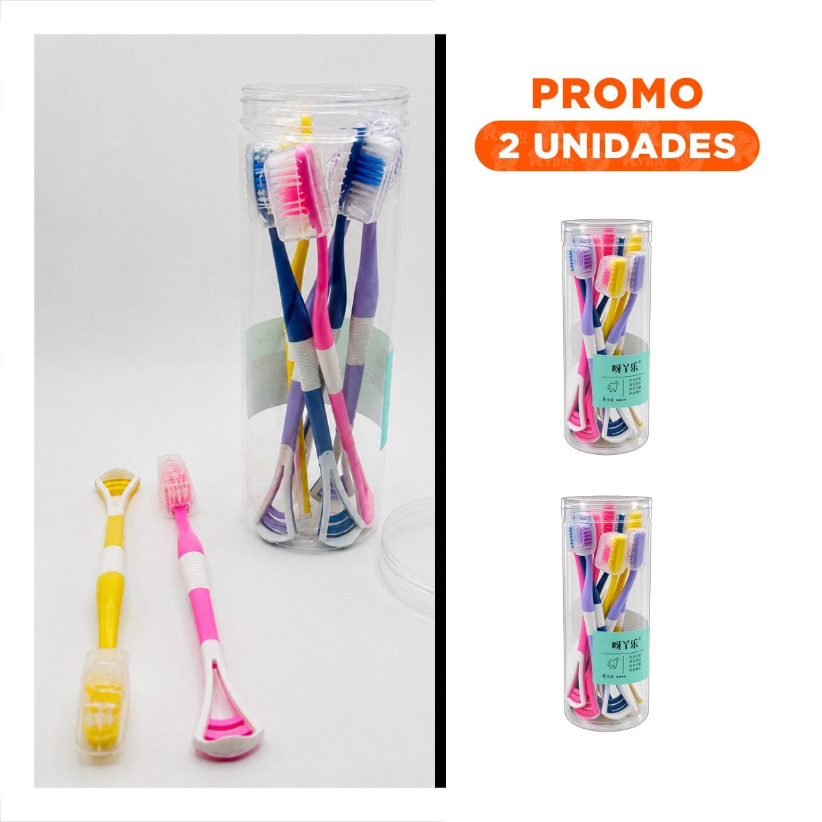 PACK2 JUEGO 8 CEPILLOS DENTALES CON LIMPIADOR DE LENGUA ESTUCHE MULTICOLOR - 1