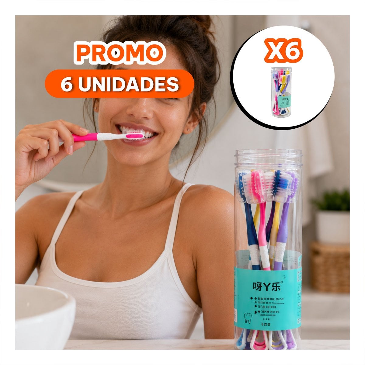 PACK6 JUEGO 8 CEPILLOS PARA HIGIENE BUCAL CON LIMPIADOR LENGUA MULTICOLOR - 1