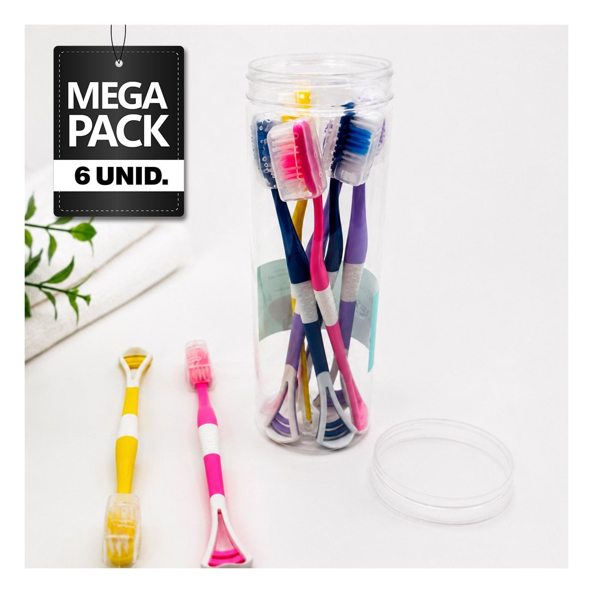 PACK6 PACK 8 CEPILLOS PARA HIGIENE BUCAL CON LIMPIADOR LENGUA MULTICOLOR YPAPEL REGALO - 1