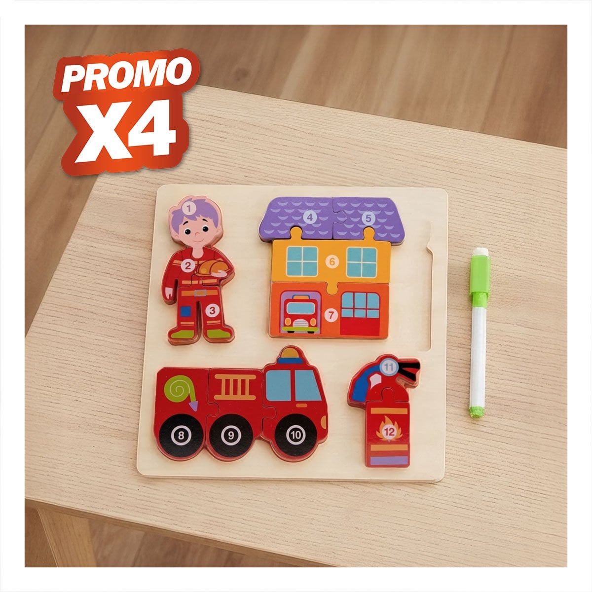 PACK4 JUEGO DIDACTICO INFANTIL CON FIGURA DE BOMBERO Y ELEMENTOS NUMERICA 22,5CM YPAPEL REGALO - 1