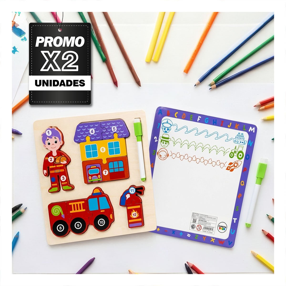 PACK2 PUZZLE DE NUMEROS CON FIGURA DE BOMBERO Y ELEMENTOS INFANTIL MULTICOLOR 22,5CM - 1