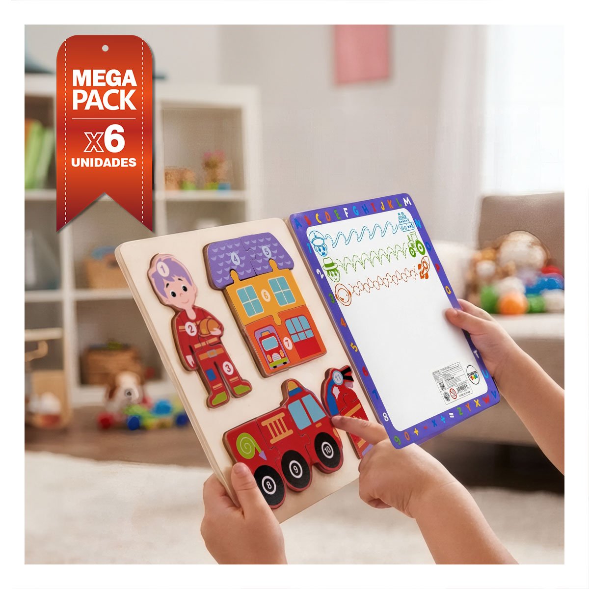 PACK6 JUEGO DE COORDINACION INFANTIL CON BOMBERO Y ELEMENTOS NUMERICA 22,5CM YPAPEL REGALO - 1