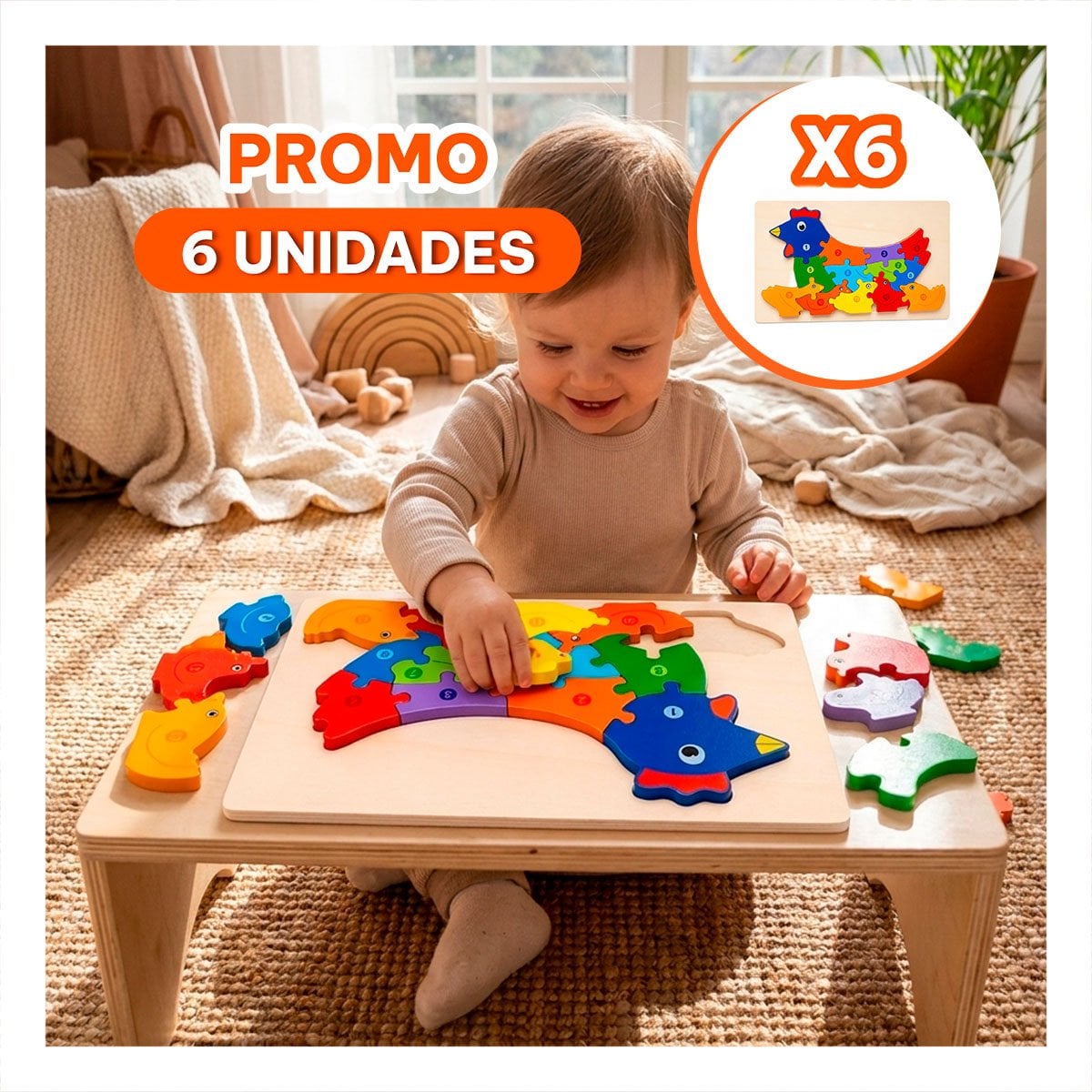 PACK6 ROMPECABEZAS ANIMAL GALLINA PARA APRENDIZAJE INFANTIL MULTICOLOR 18X30CM YREGALO STICKER - 1