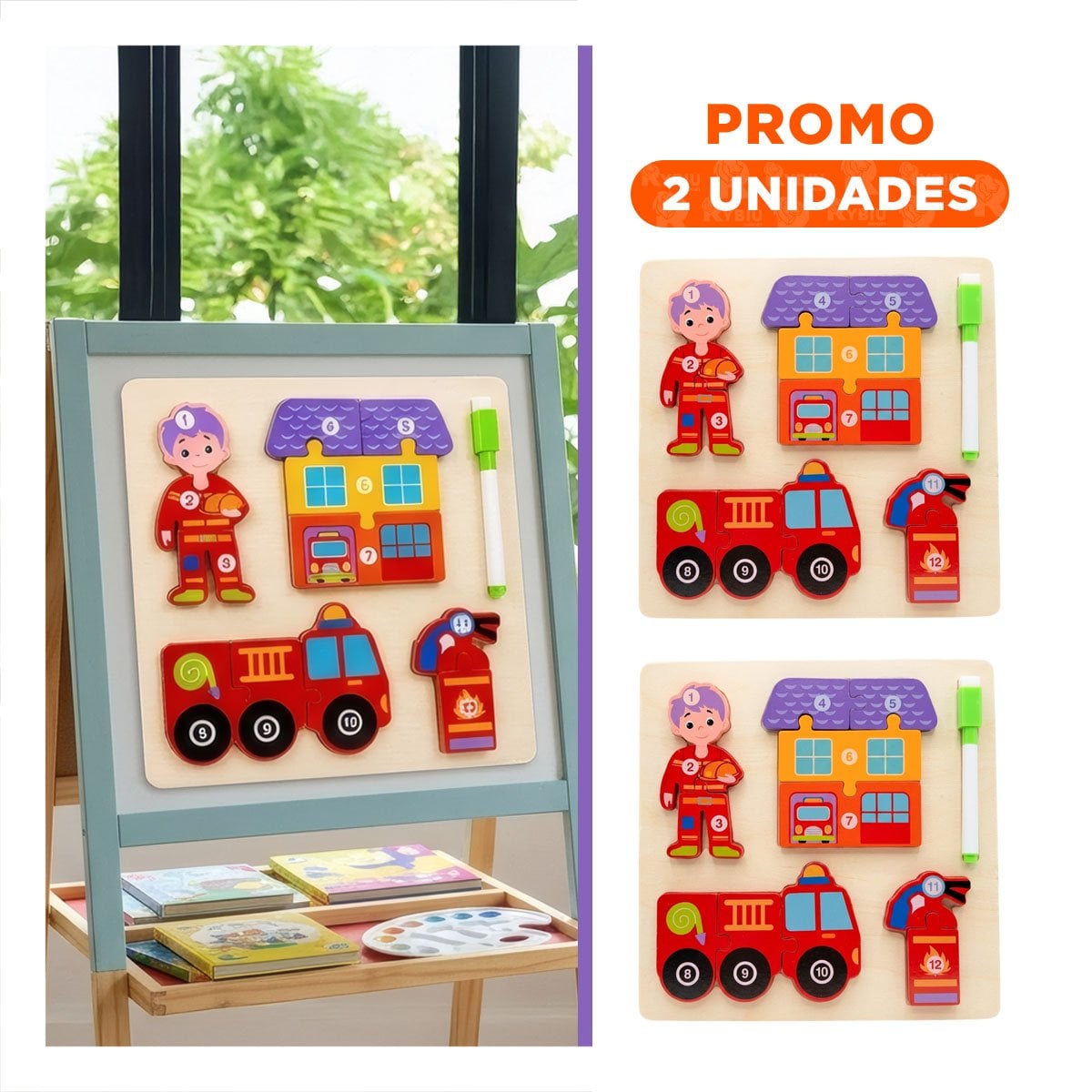PACK2 ROMPECABEZAS INFANTIL DE APRENDIZAJE CON BOMBERO Y ELEMENTOS 22,5CM YREGALO STICKER - 1
