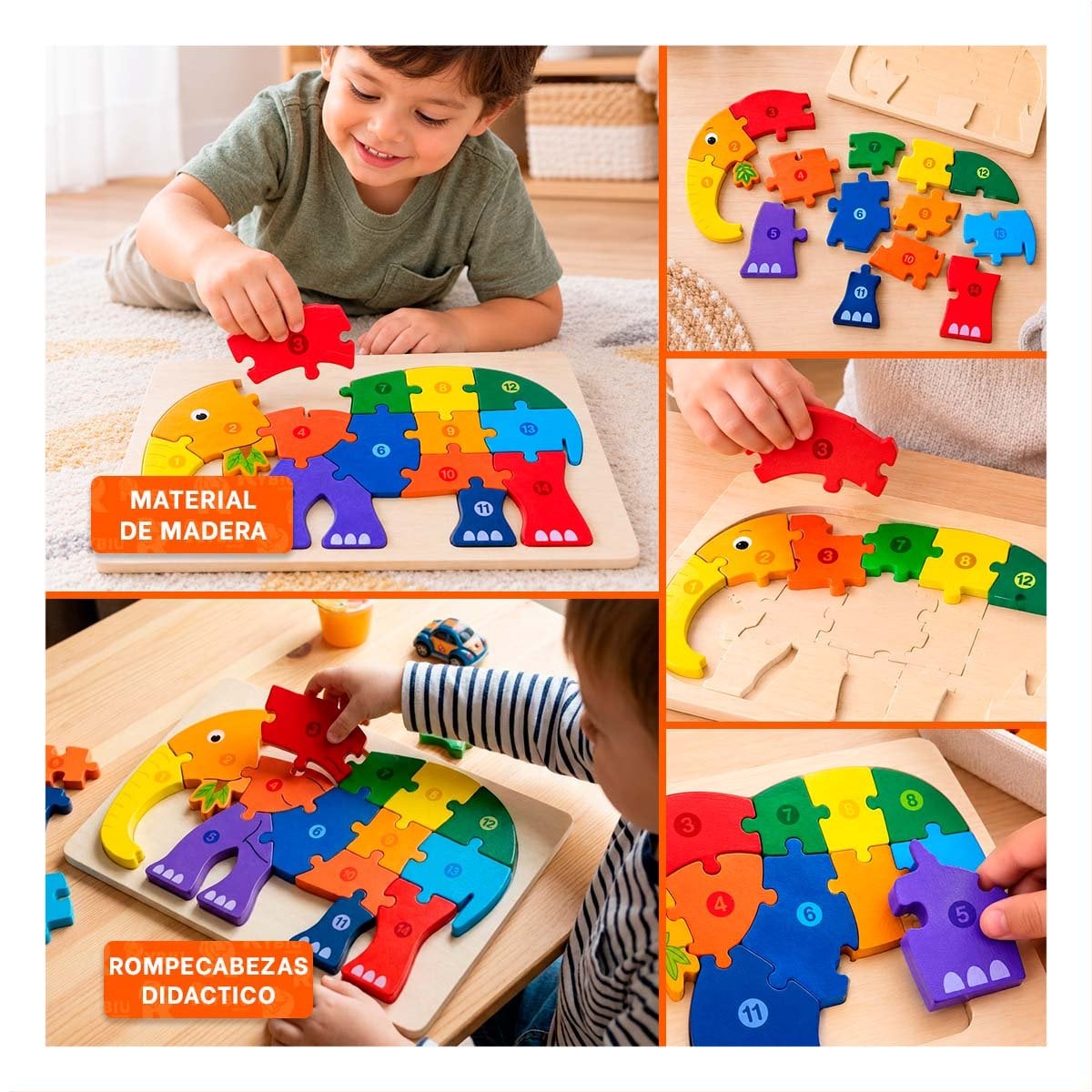 PUZZLE INFANTIL CON ELEFANTE NUMERICA MULTICOLOR PARA APRENDIZAJE 18X30CM Y PAPEL REGALO - 3