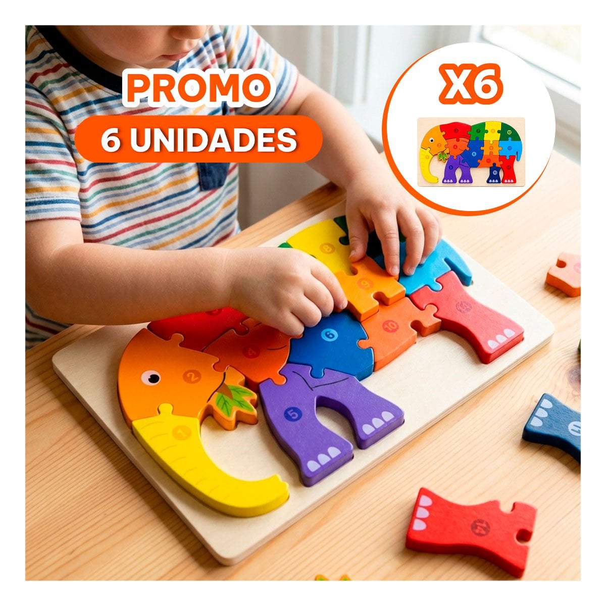 PACK6 ROMPECABEZAS ANIMAL ELEFANTE PARA APRENDIZAJE INFANTIL MULTICOLOR 18X30CM YREGALO STICKER - 1