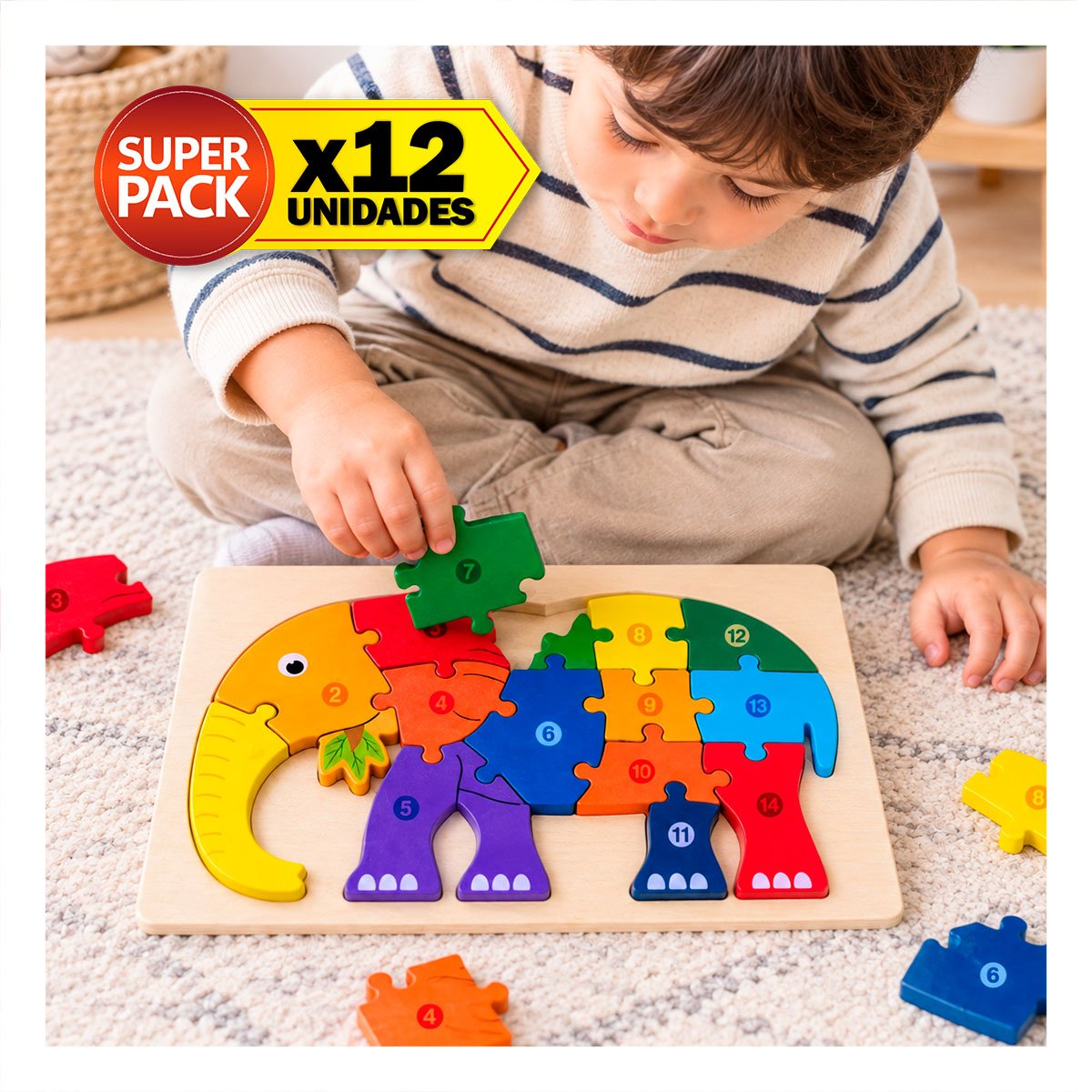 PACK12 JUEGO DE ENCAJE ELEFANTE NUMEROS MULTICOLOR INFANTIL 18X30CM YPAPEL REGALO - 1