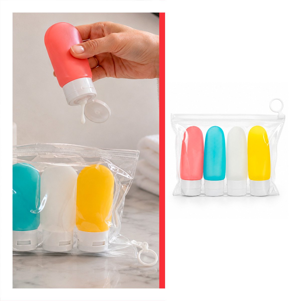 PACK 4 BOTELLAS DE VIAJE MULTICOLOR PARA CHAMPU Y CREMAS EN EQUIPAJE COMODO Y LIGAS REGALO - 1
