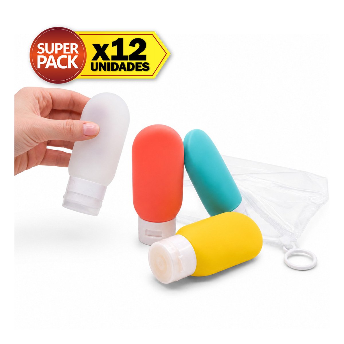 PACK12 ESTUCHE 4 BOTELLAS DE VIAJE MULTICOLOR PARA ASEO DE EQUIPAJE COMODO YPAPEL REGALO - 1