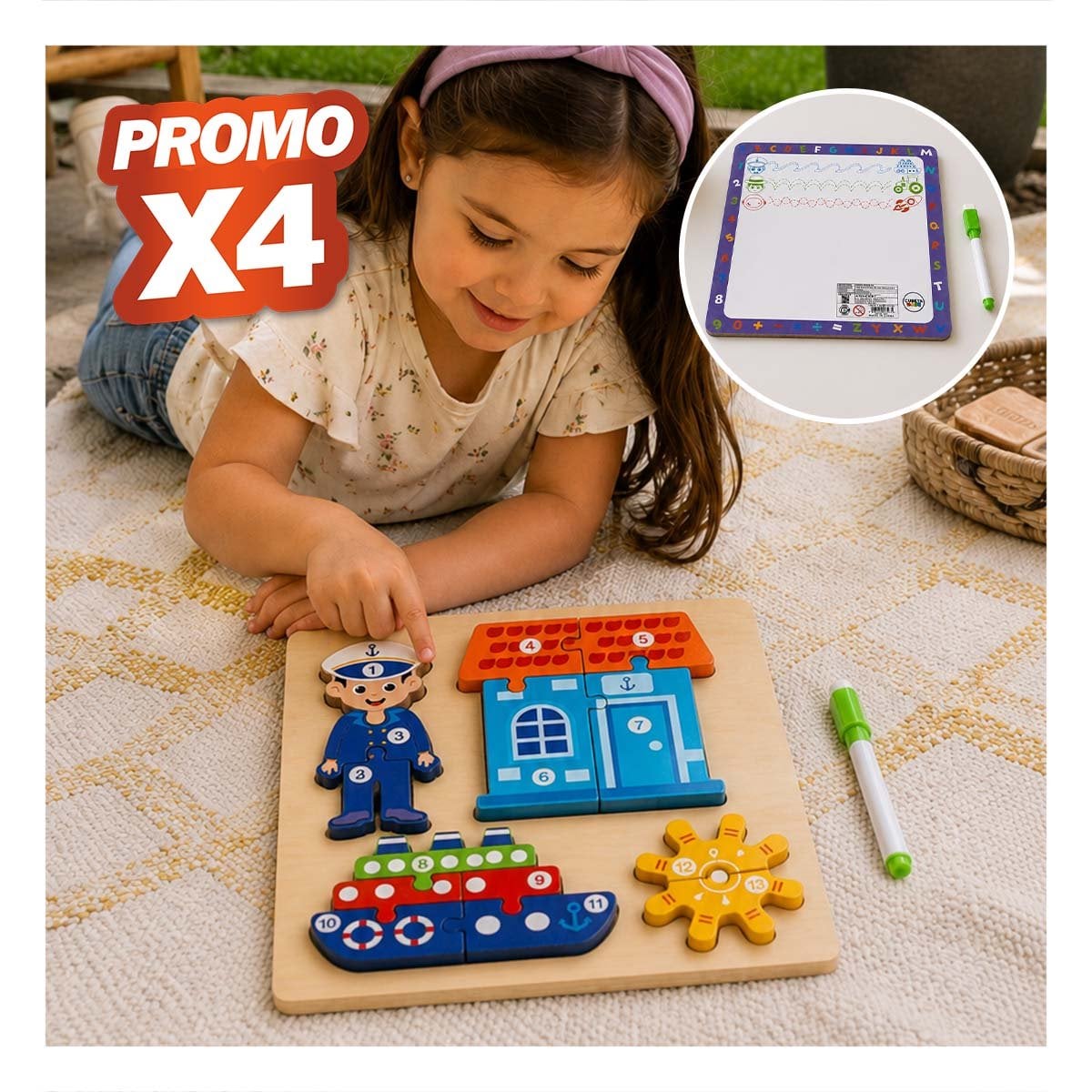 PACK4 JUEGO DIDACTICO INFANTIL CON FIGURA DE MARINERO Y ELEMENTOS NUMERICA 22,5CM YPAPEL REGALO - 1