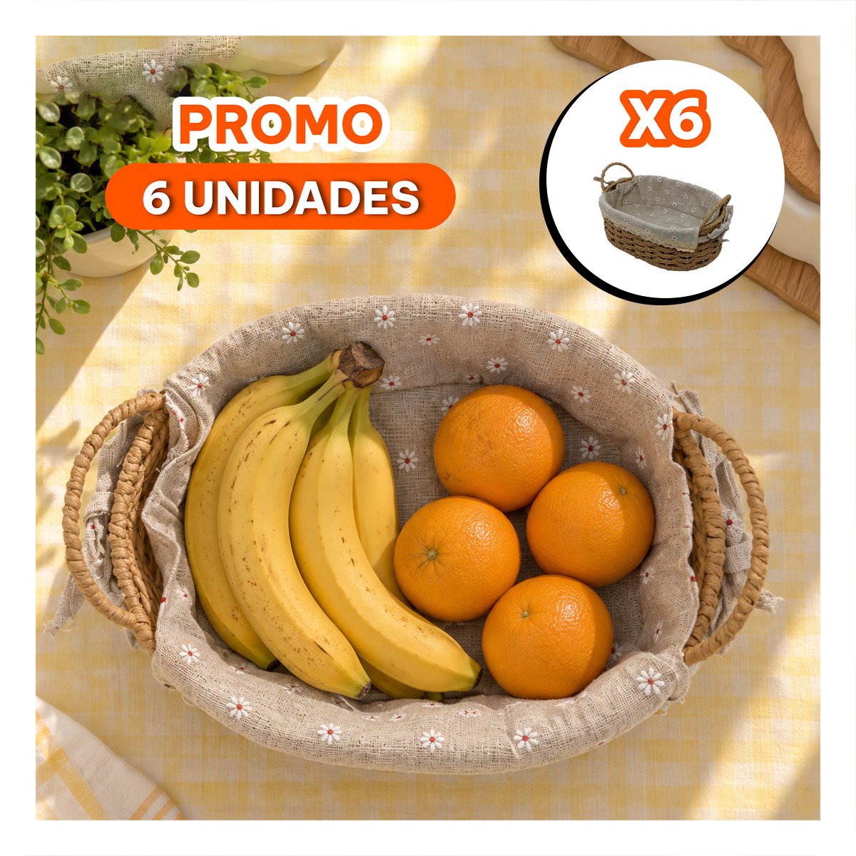PACK6 CANASTILLA TEJIDA 30X21X14CM PARA PICNIC CON FORRO YREGALO STICKER - 1