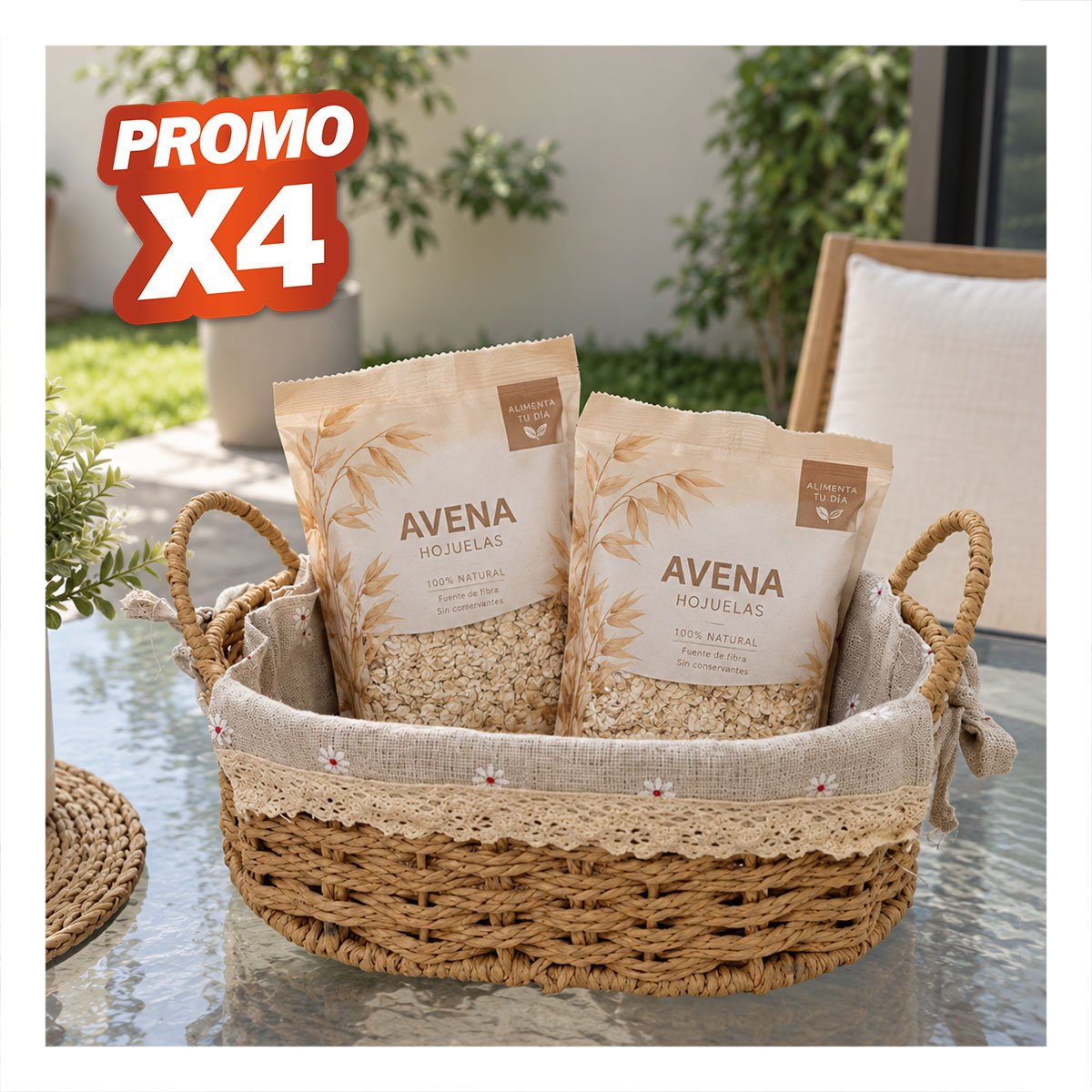 PACK4 CANASTA OVALADA TEJIDA 26X18X13CM PARA PICNIC CON 2 ASAS YPAPEL REGALO - 1