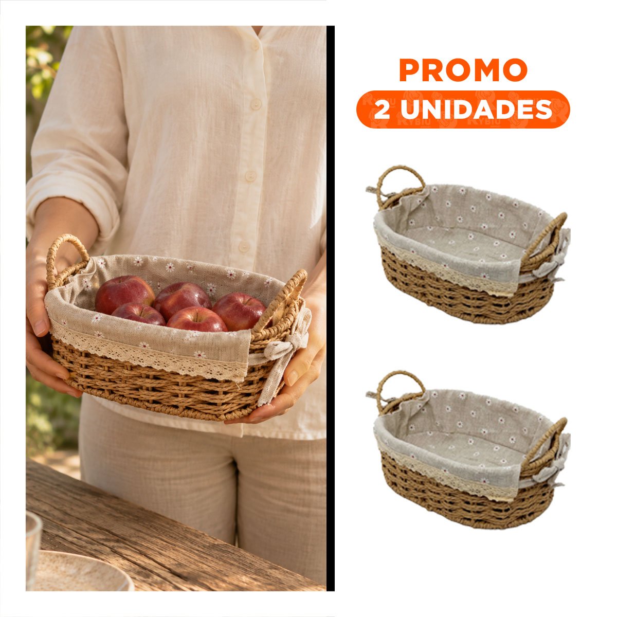 PACK2 CESTA CON 2 ASAS TEJIDA PARA PICNIC 26X18X13CM BEIGE Y PLOMO YREGALO STICKER - 1