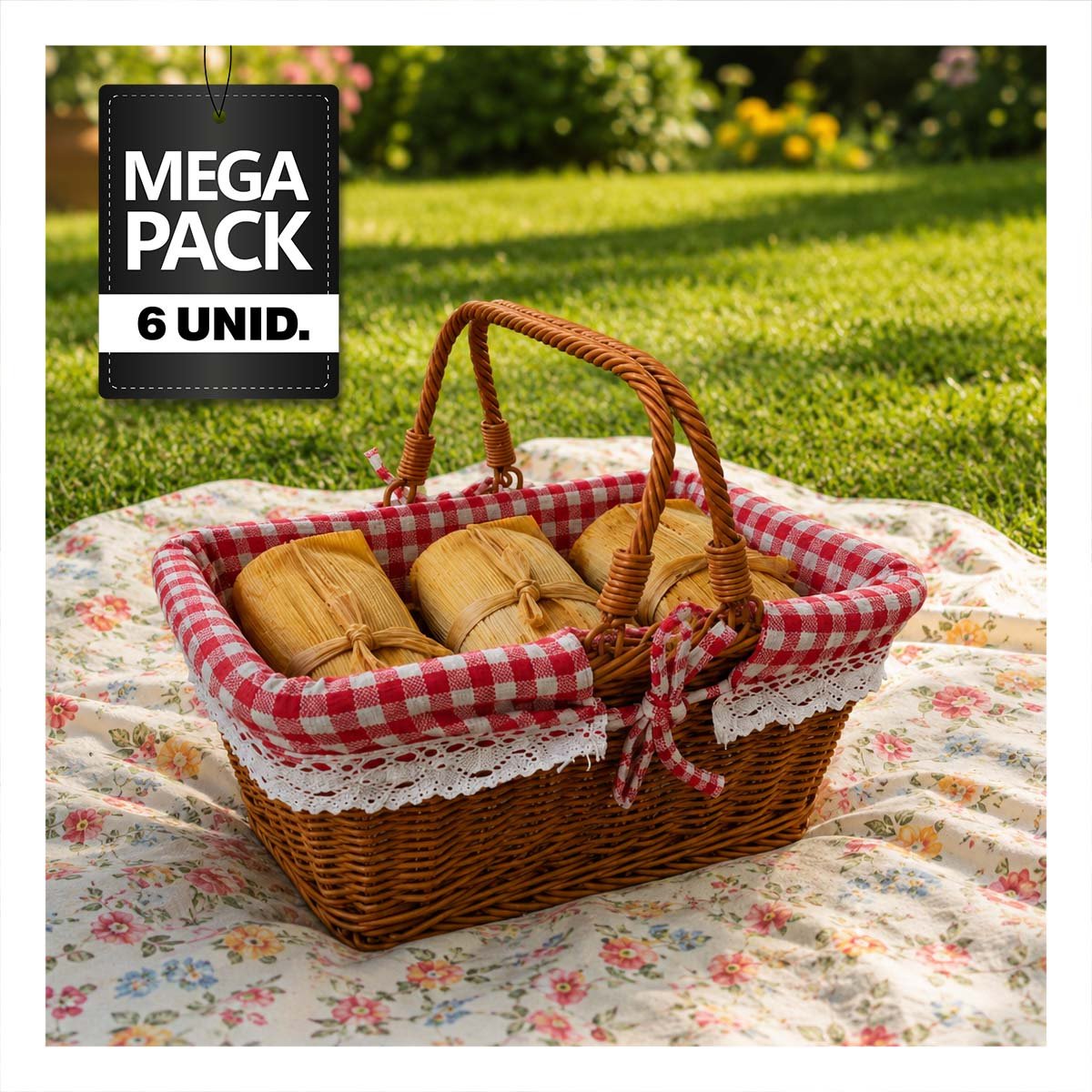PACK6 CANASTA TEJIDA PARA PICNIC 24,5X35X30CM CON FORRO Y MOSTAZA Y ROJO - 1