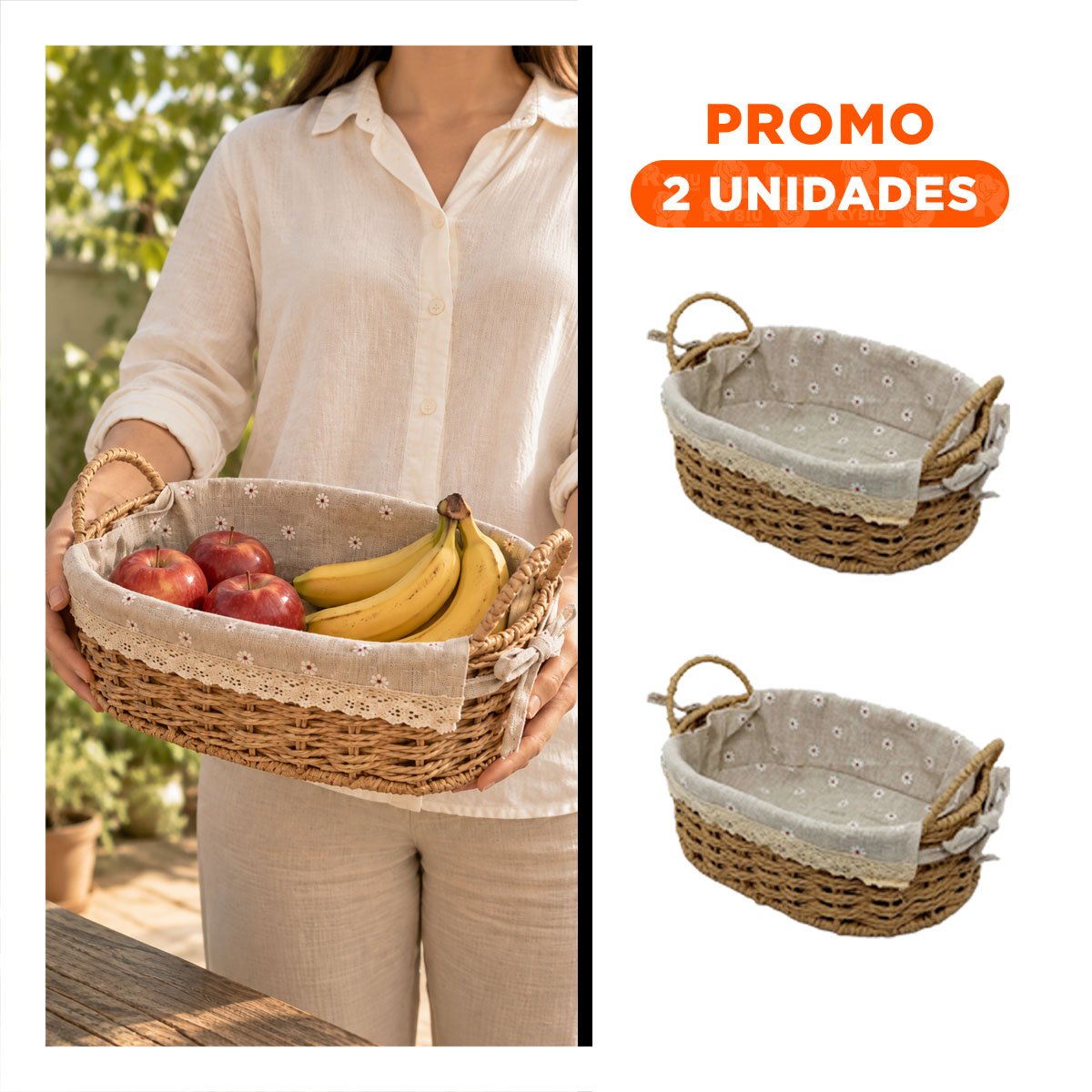 PACK2 CESTA CON 2 ASAS TEJIDA PARA PICNIC 30X21X14CM BEIGE Y PLOMO YREGALO STICKER - 1