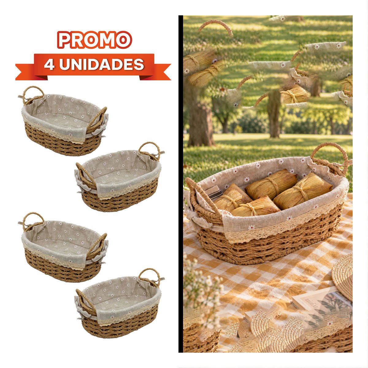 PACK4 CESTA TEJIDA COLOR BEIGE Y PLOMO 26X18X13CM PARA PICNIC YREGALO STICKER - 1