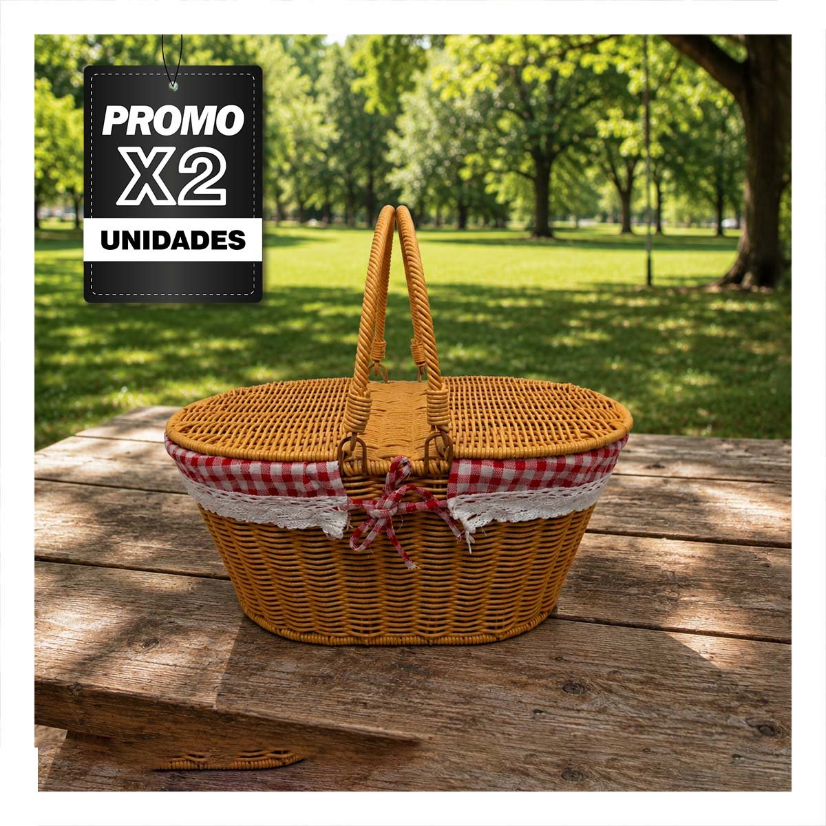 PACK2 CANASTILLA TEJIDA CON FORRO PICNIC MOSTAZA Y ROJO 40X27X36CM Y 2 ASAS - 1