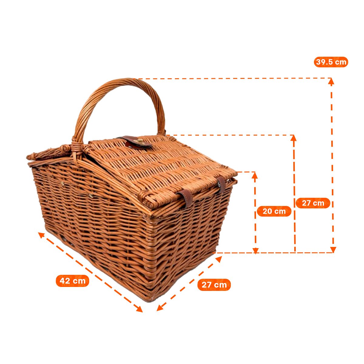 FORRO PICNIC CON CESTA CON UTENSILIOS 42X27X39CM TEJIDA MOSTAZA Y ROJO Y PAPEL REGALO - 2