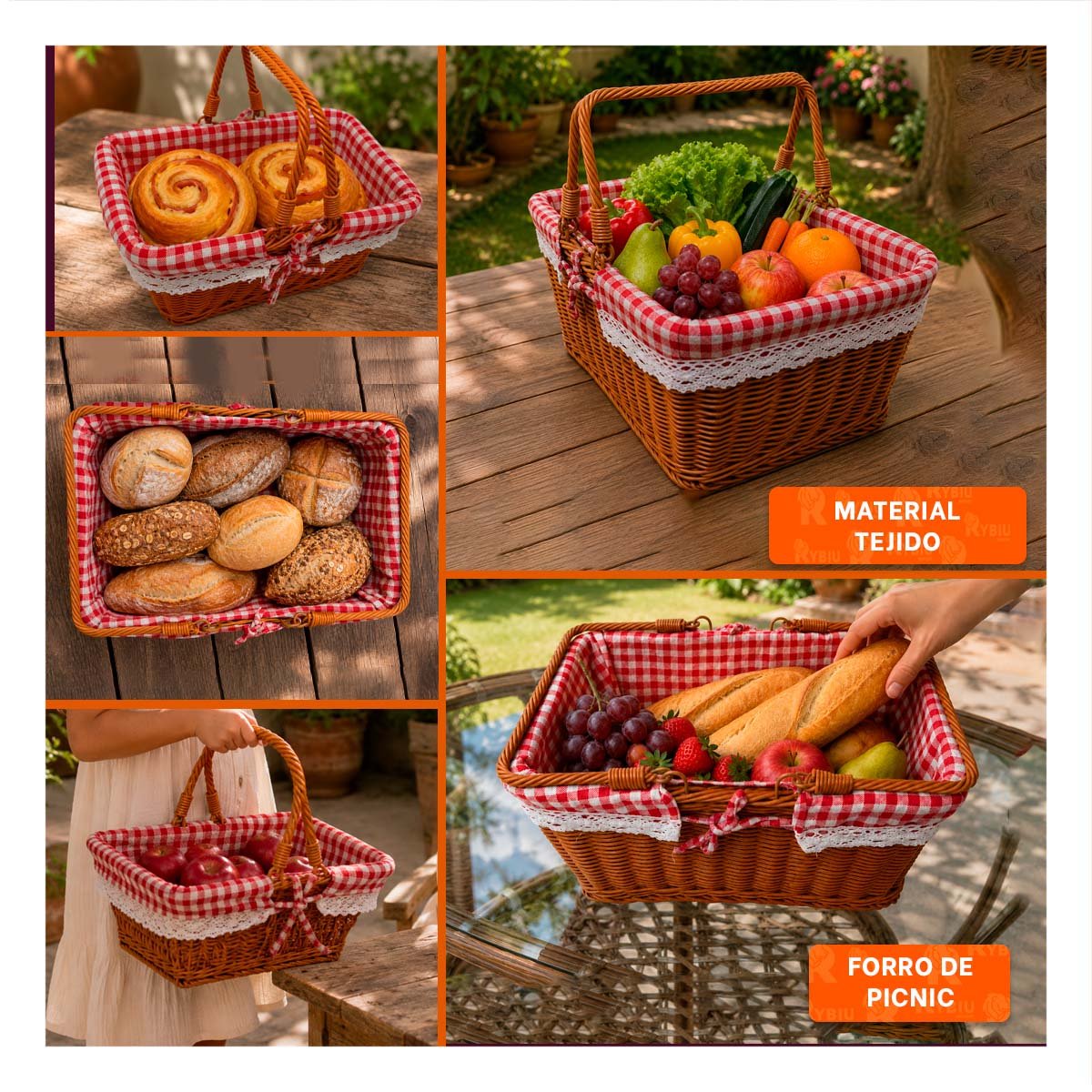 CANASTA CON 2 ASAS Y 24,5X35X30CM PARA PICNIC MOSTAZA Y ROJO Y LIGAS REGALO - 3