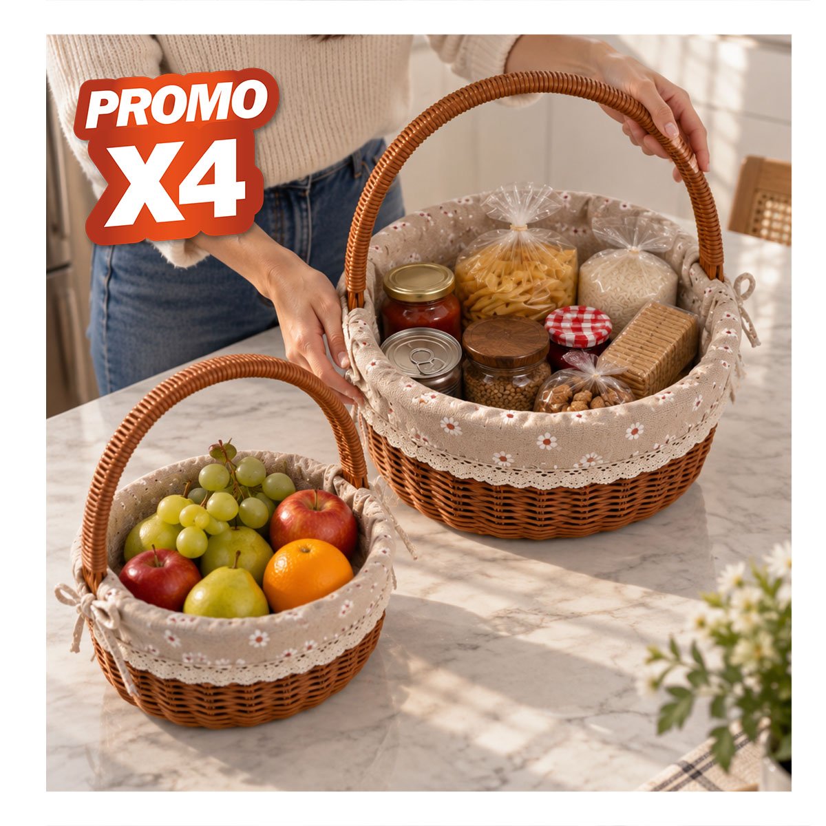 PACK4 KIT 2 CANASTA OVALADA TEJIDA PARA PICNIC YPAPEL REGALO - 1