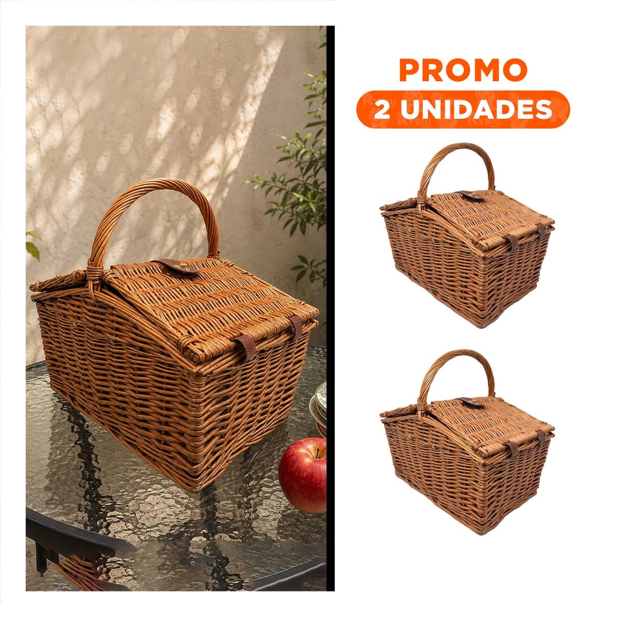 PACK2 CESTA CON 1 ASA TEJIDA PARA PICNIC 42X27X39CM MOSTAZA Y ROJO YREGALO STICKER - 1