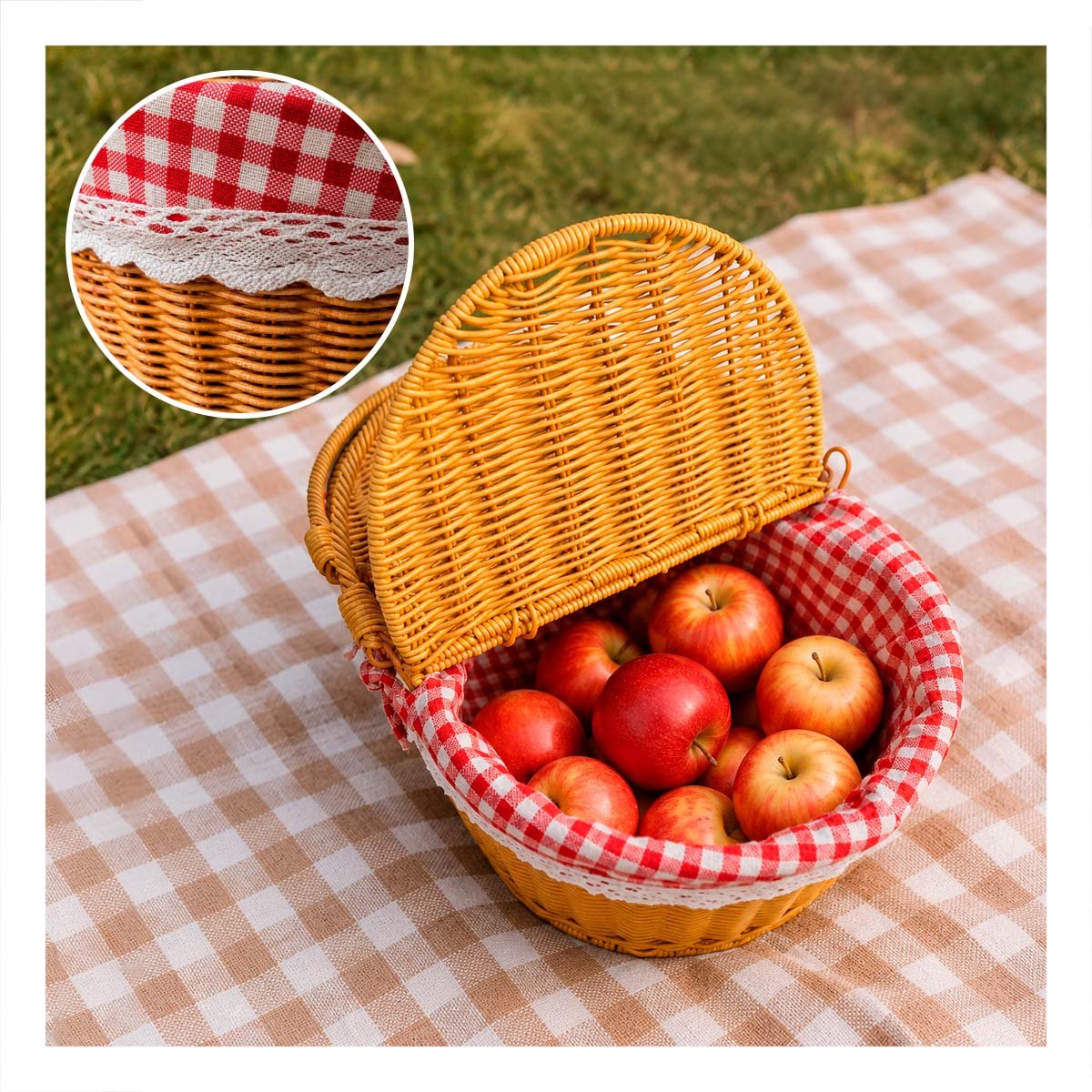 PACK4 CANASTA OVALADA TEJIDA 40X27X36CM PARA PICNIC CON 2 ASAS Y 2 TAPAS YPAPEL REGALO - 3