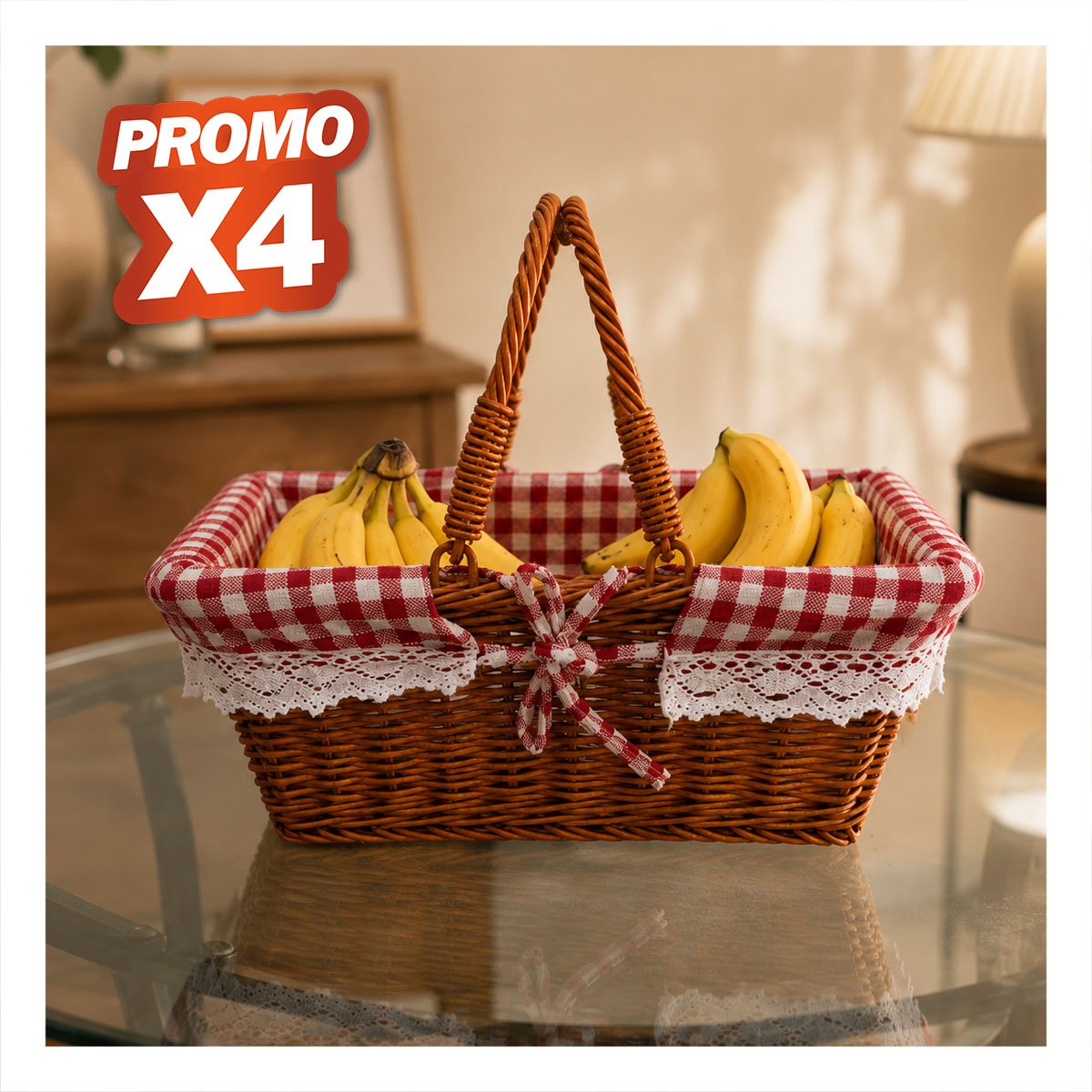 PACK4 CANASTA RECTANGULAR TEJIDA 24,5X35X30CM PARA PICNIC CON 2 ASAS YPAPEL REGALO - 1