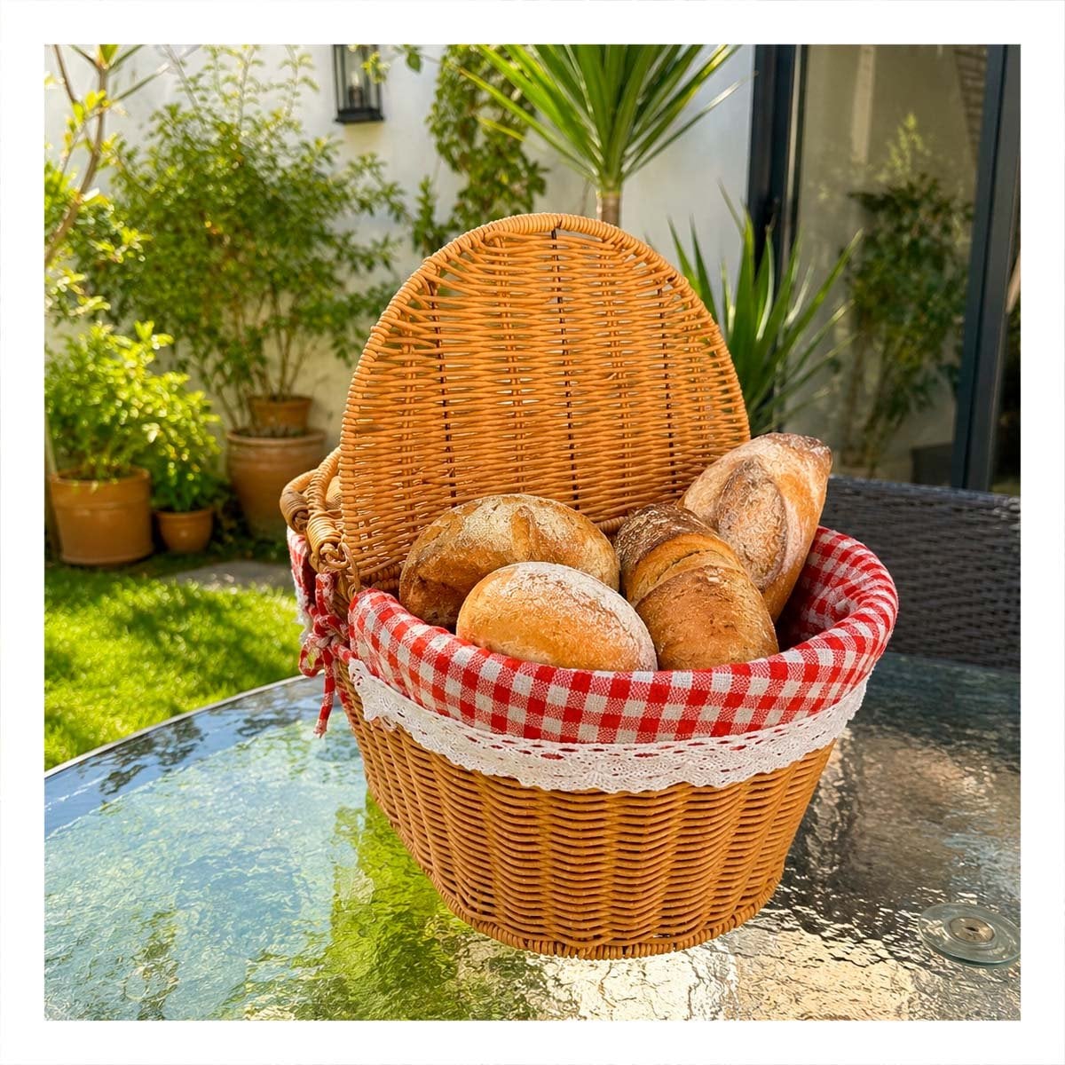 CESTA MOSTAZA Y ROJO PARA PICNIC 40X27X36CM CON FORRO Y 2 TAPAS Y STICKY - 1