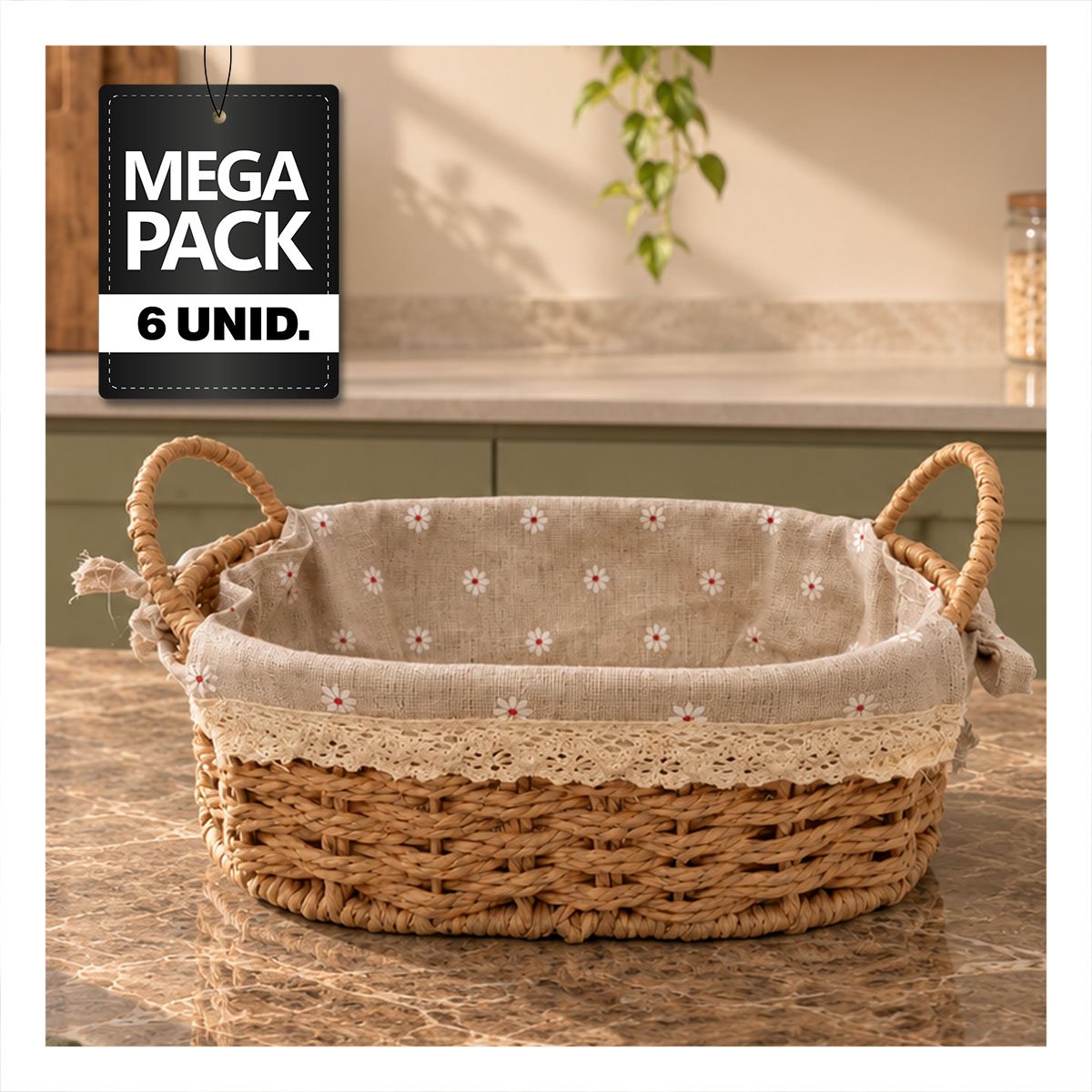 PACK6 CANASTA TEJIDA PARA PICNIC 30X21X14CM CON FORRO Y BEIGE Y PLOMO - 1