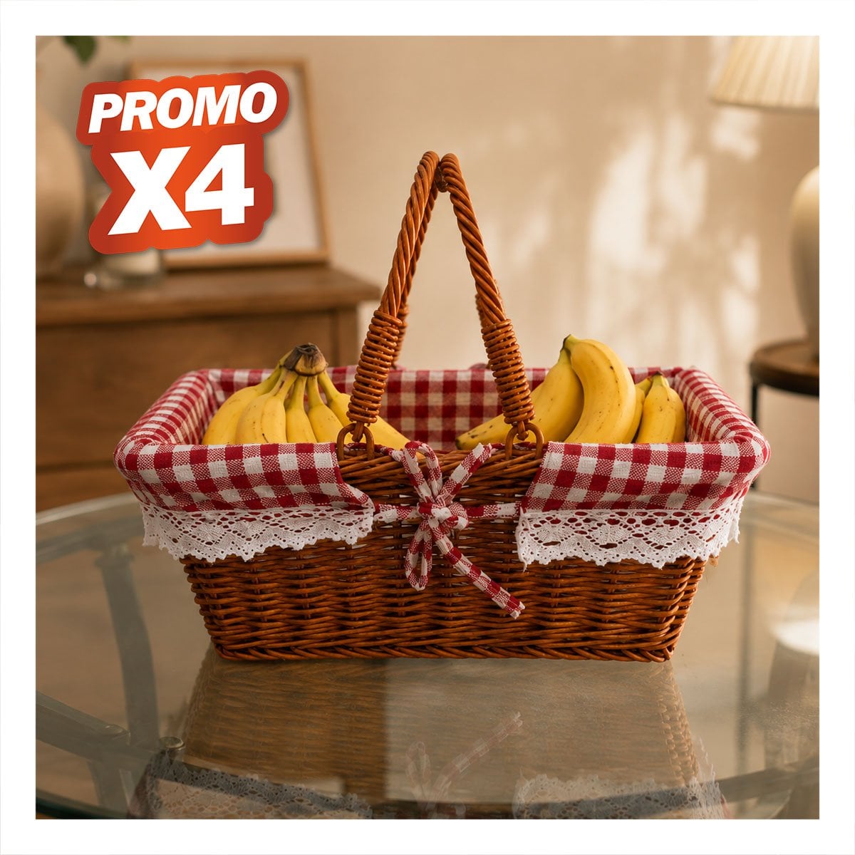 PACK4 CANASTA RECTANGULAR TEJIDA 40X27X36CM PARA PICNIC CON 2 ASAS YPAPEL REGALO - 1