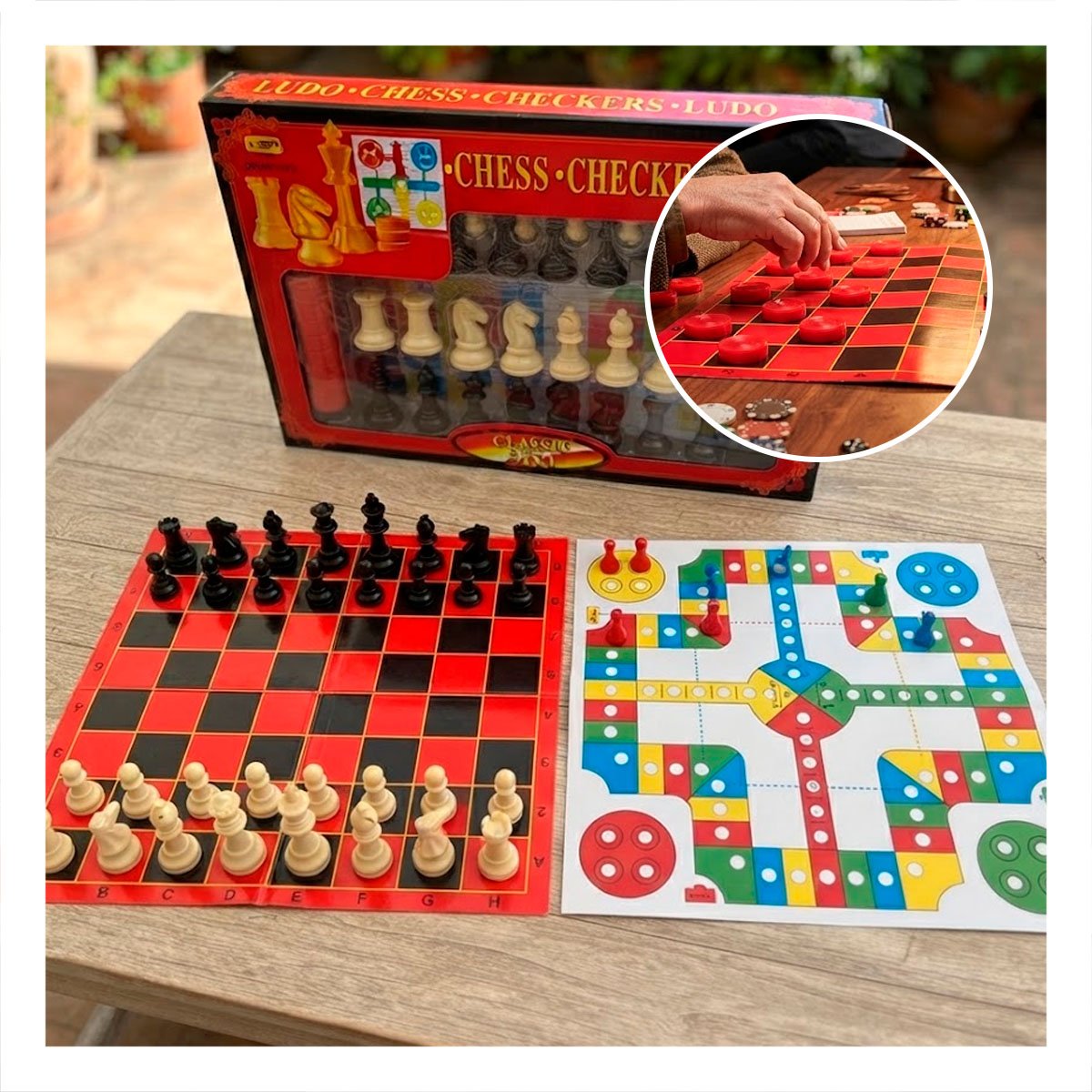 JUEGO DE MESA 3 EN 1 AJEDREZ LUDO DAMA ROJO Y NEGRO FAMILIAR - 1