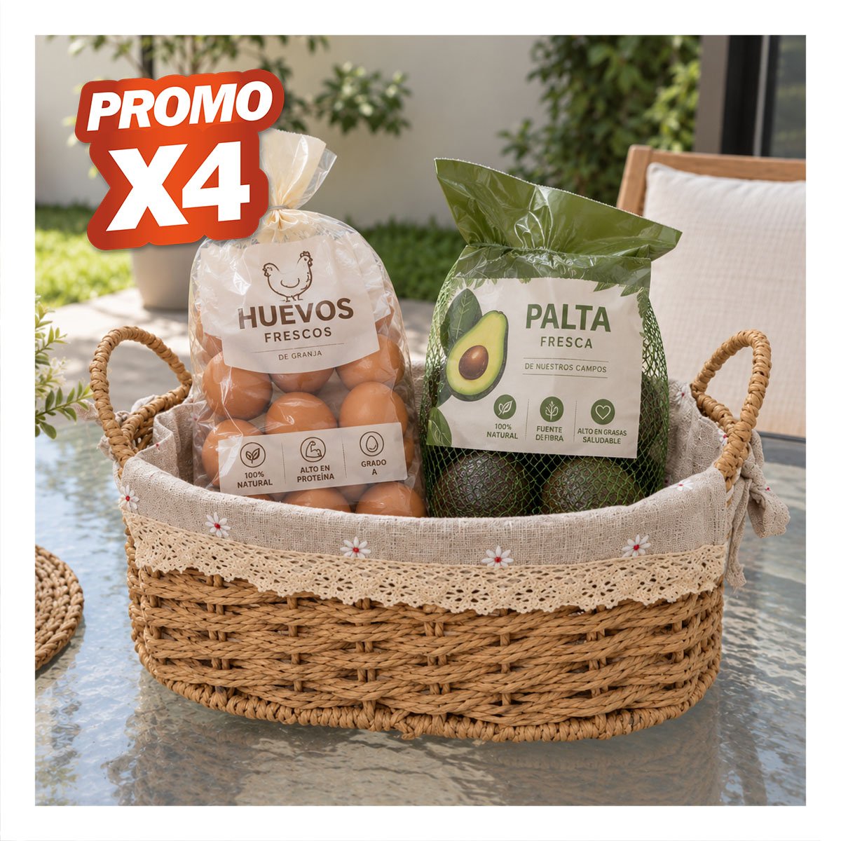 PACK4 CANASTA OVALADA TEJIDA 30X21X14CM PARA PICNIC CON 2 ASAS YPAPEL REGALO - 1