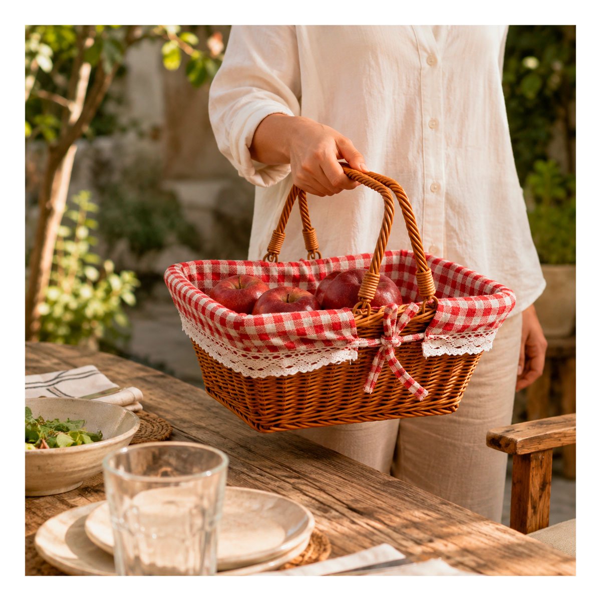 CANASTA TEJIDA MOSTAZA Y ROJO 40X27X36CM CON FORRO PICNIC Y 2 ASAS - 1