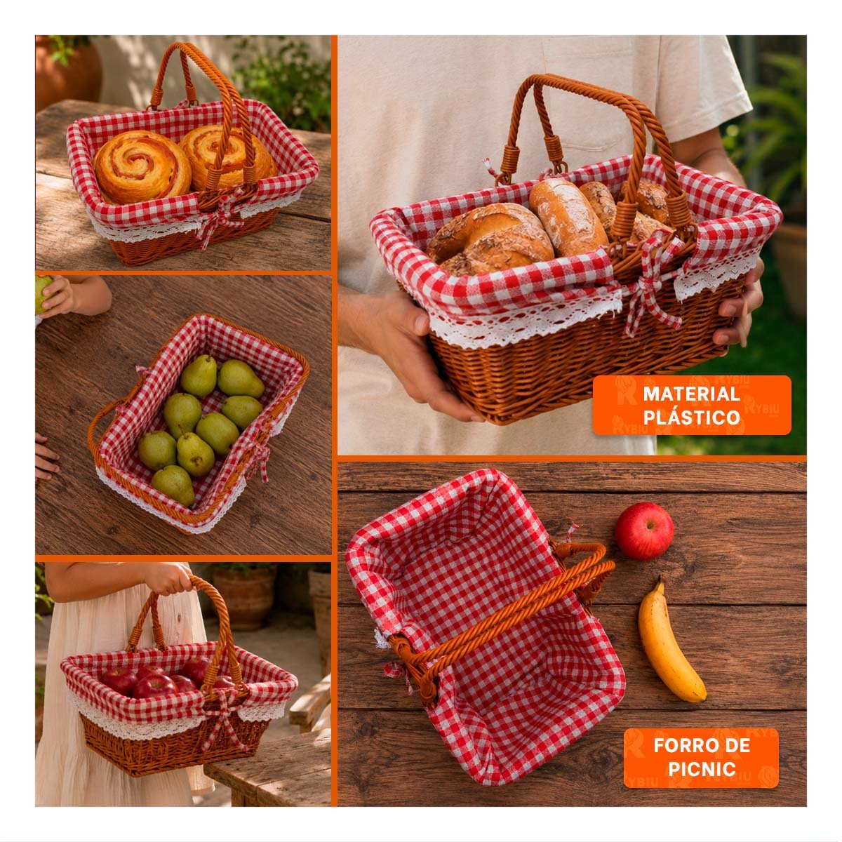 CANASTA TEJIDA MOSTAZA Y ROJO 40X27X36CM CON FORRO PICNIC Y 2 ASAS - 3