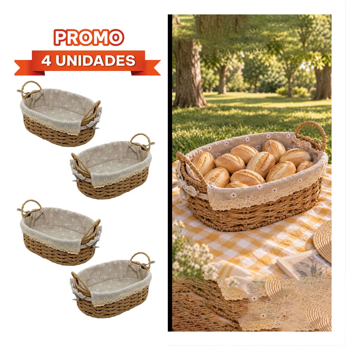 PACK4 CESTA TEJIDA COLOR BEIGE Y PLOMO 30X21X14CM PARA PICNIC YREGALO STICKER - 1