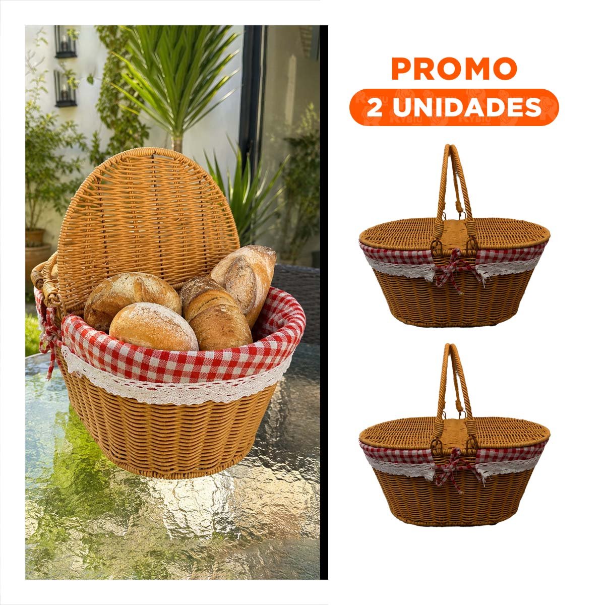 PACK2 CESTA CON 2 ASAS TEJIDA PARA PICNIC 40X27X36CM MOSTAZA Y ROJO YREGALO STICKER - 1