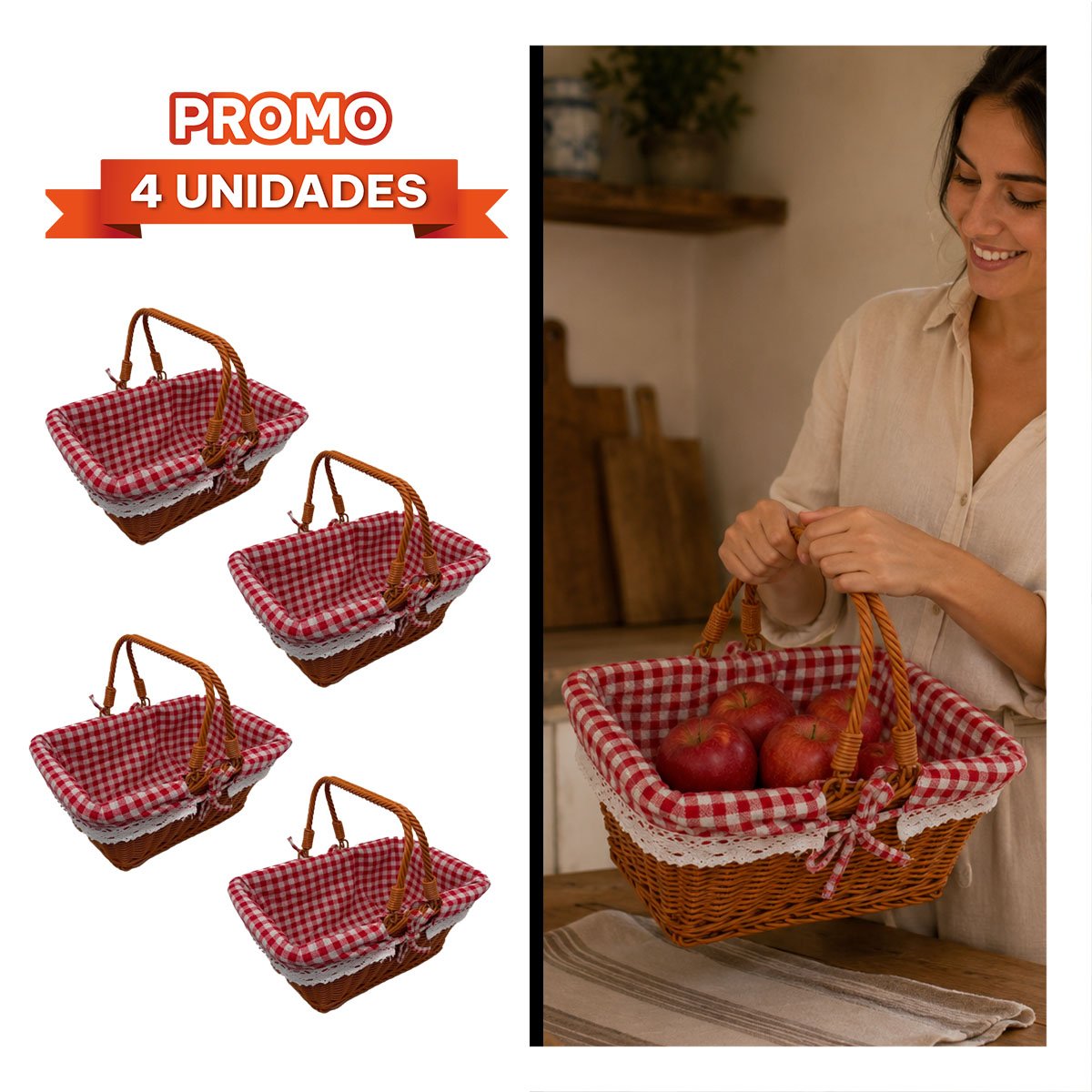 PACK4 CESTA TEJIDA CON MOSTAZA Y ROJO 40X27X36CM PARA PICNIC YREGALO STICKER - 1