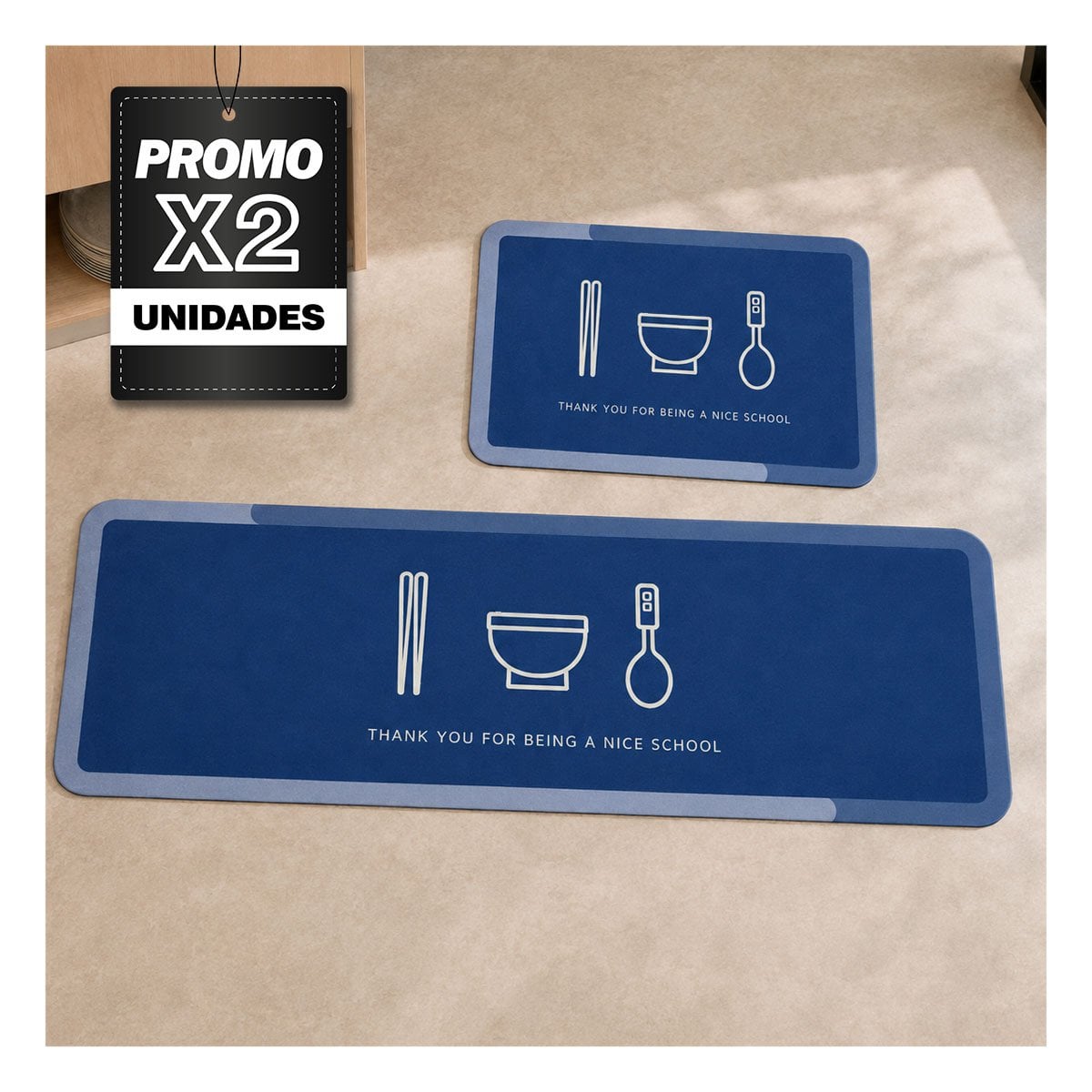 PACK2 KIT 2 TAPETES RECTANGULARES AZUL ACERO THANK YOU 58X38 Y 140X38 CM - 1