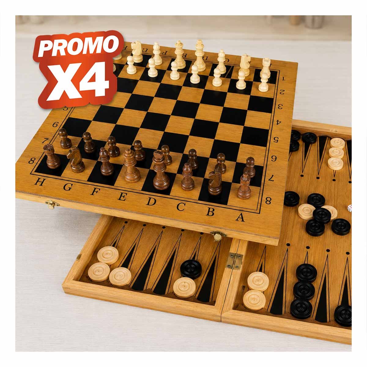 PACK4 TABLERO RECREATIVO AJEDREZ BACKGAMMON DAMA PARA NIÑOS Y ADULTOS YPAPEL REGALO - 1