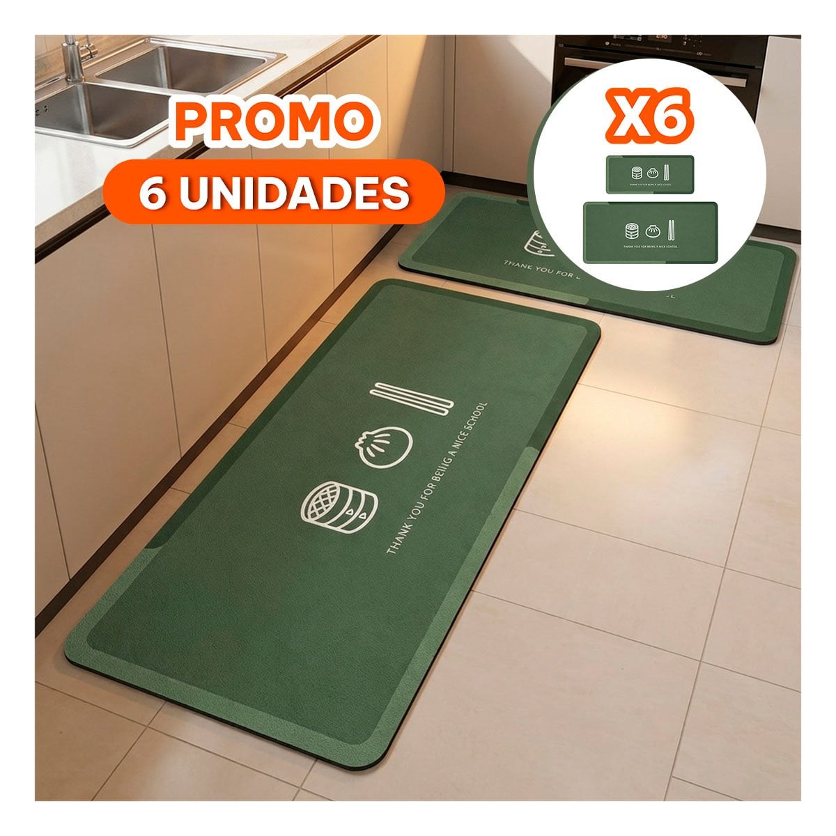 PACK6 KIT DE TAPETES PARA COCINA THANK YOU RECTANGULARES 58X38 Y 140X38 CM YREGALO STICKER - 1