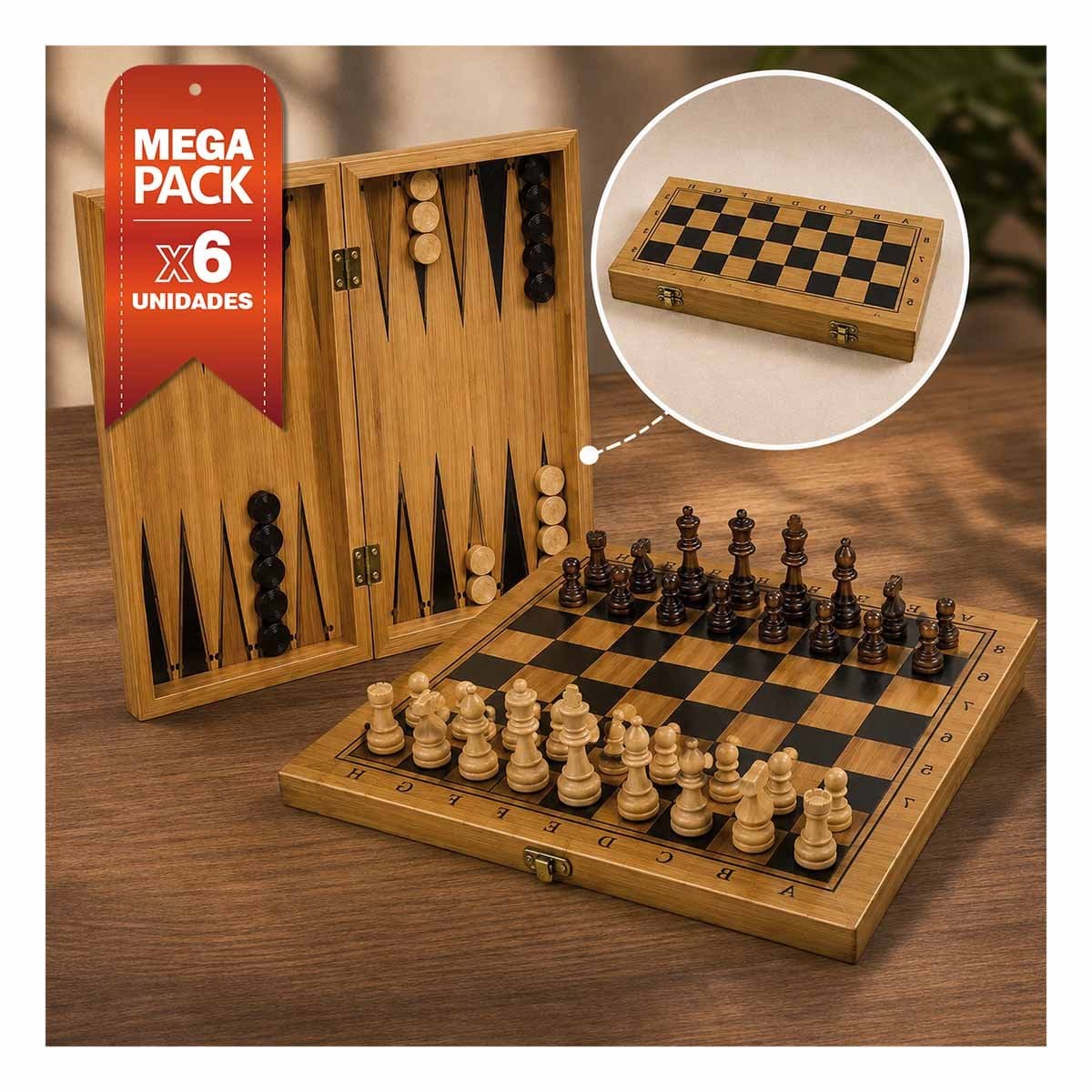PACK6 TABLERO CLASICO DE MESA CON AJEDREZ BACKGAMMON Y DAMA COLOR MARRON YPAPEL REGALO - 1