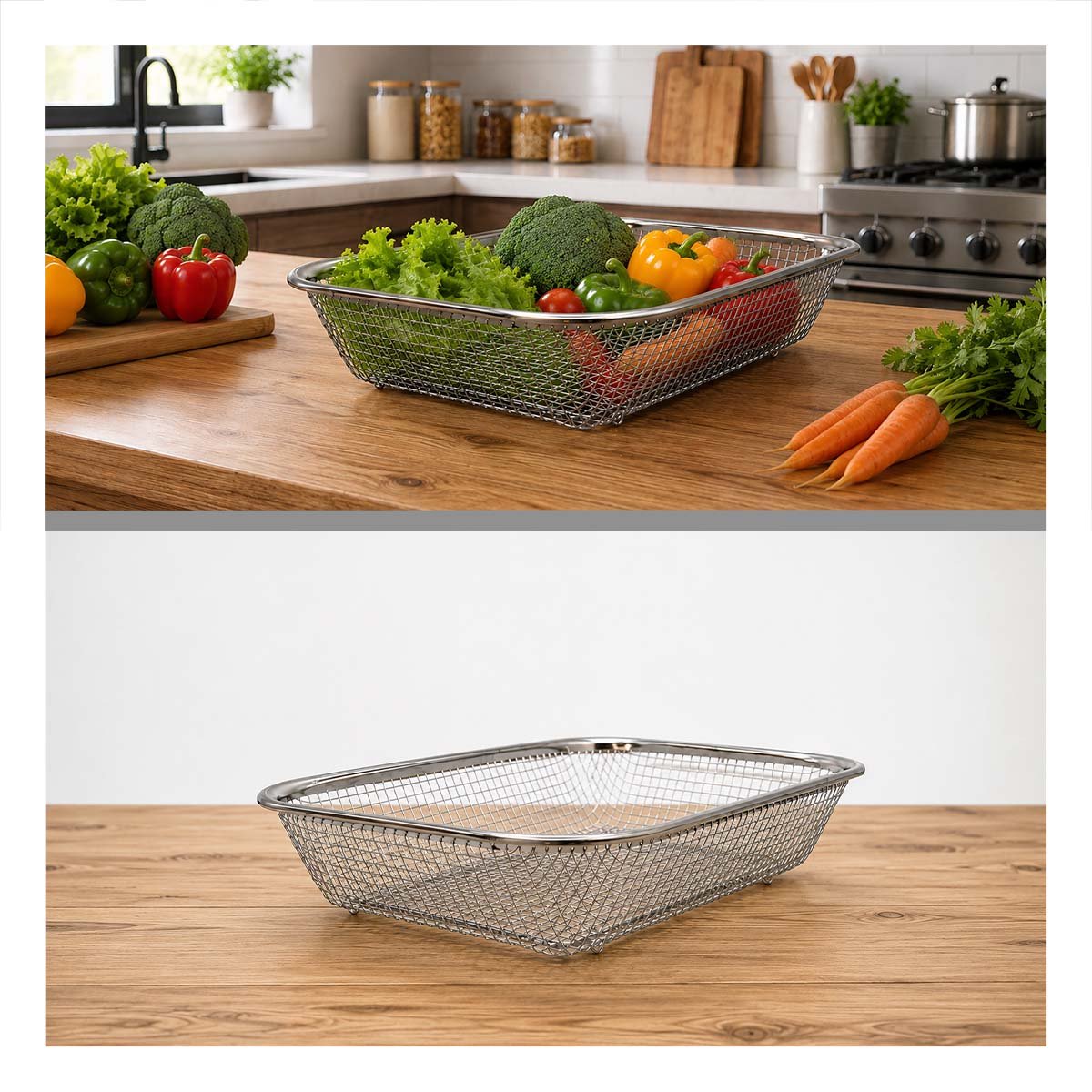 ORGANIZADOR DE COCINA RECTANGULAR PLATEADO EN MALLA 29,5X22X6,3CM Y LIGAS REGALO - 1
