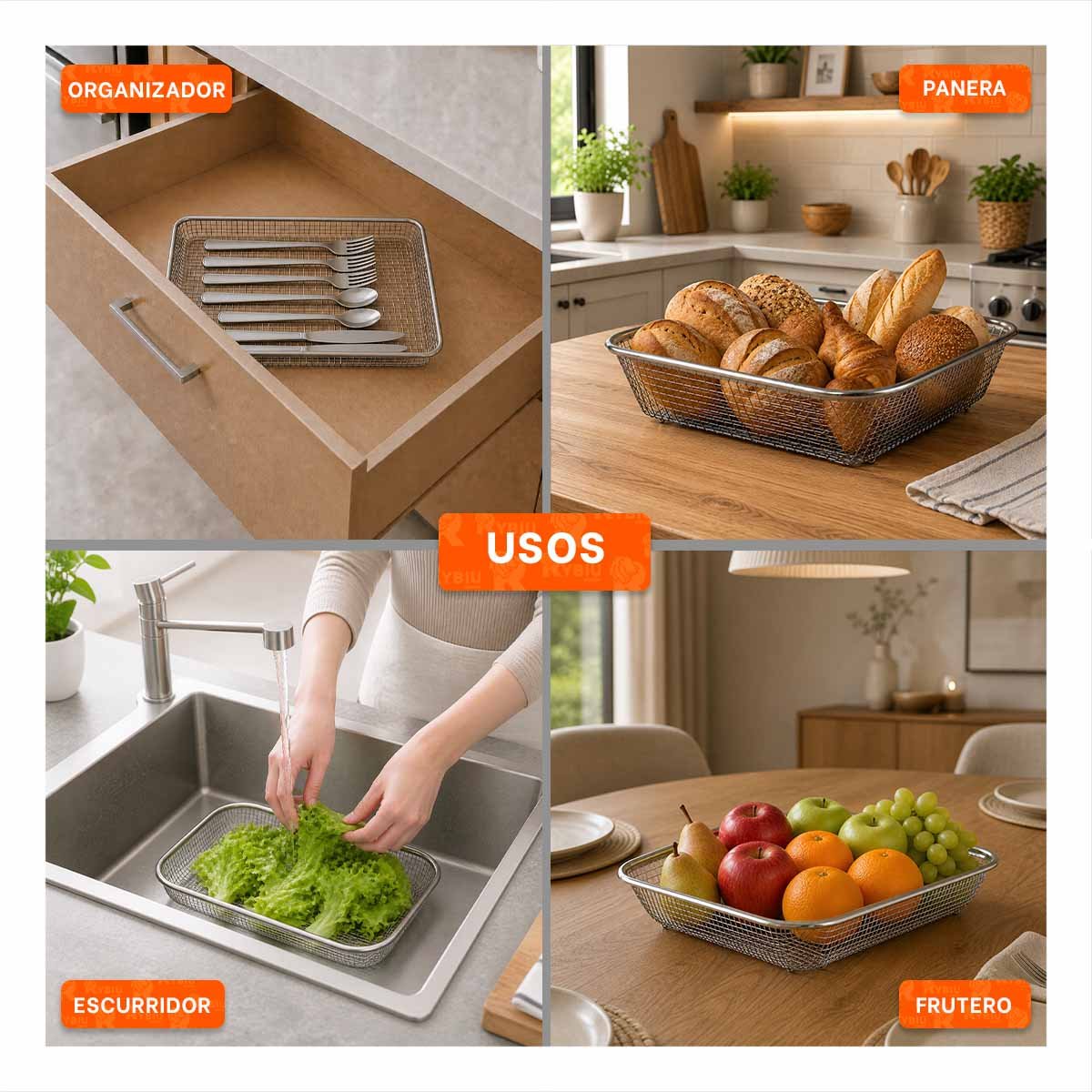 CESTA 29,5X22X6,3CM RECTANGULAR PARA DESPENSA DE MALLA PLATEADO Y STICKY - 3