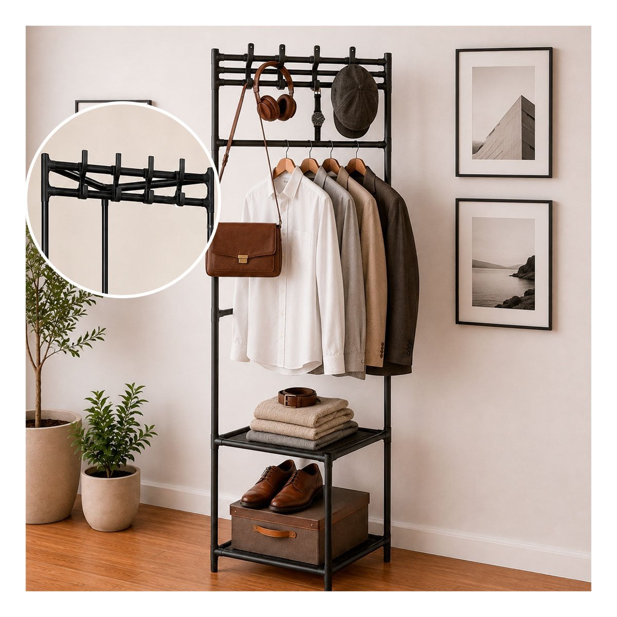 ORGANIZADOR DE CALZADO NEGRO CON PERCHERA ESQUINERO 177X41CM Y 2 NIVELES Y PAPEL REGALO - 1