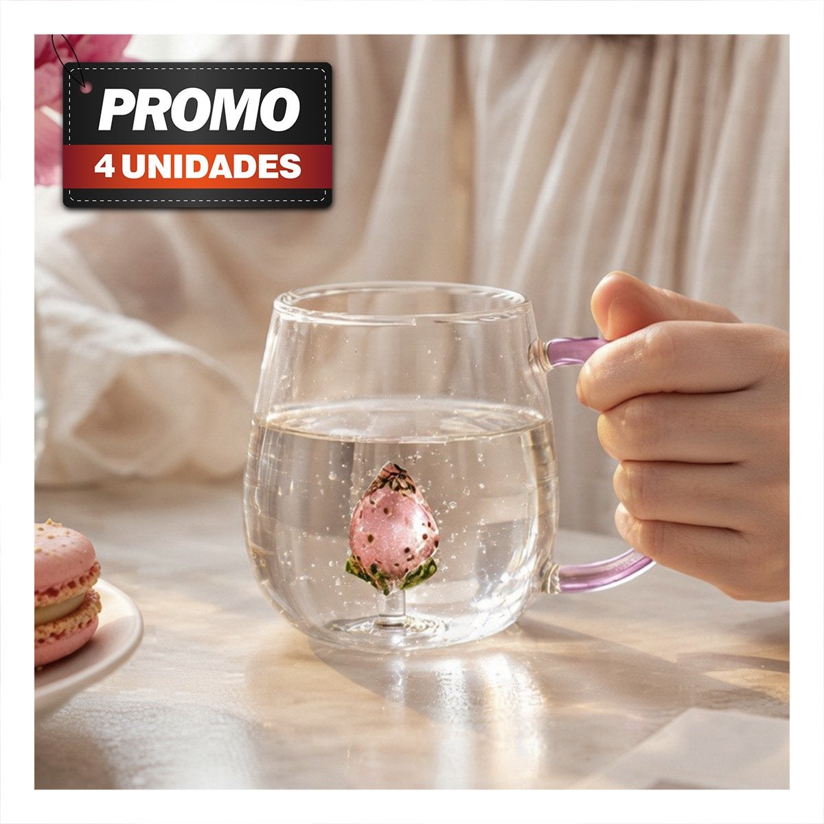 PACK4 TAZA DE FRESA CON ASA ROSADA TRANSPARENTE PARA DESAYUNOS Y BEBIDAS EN CASA - 1