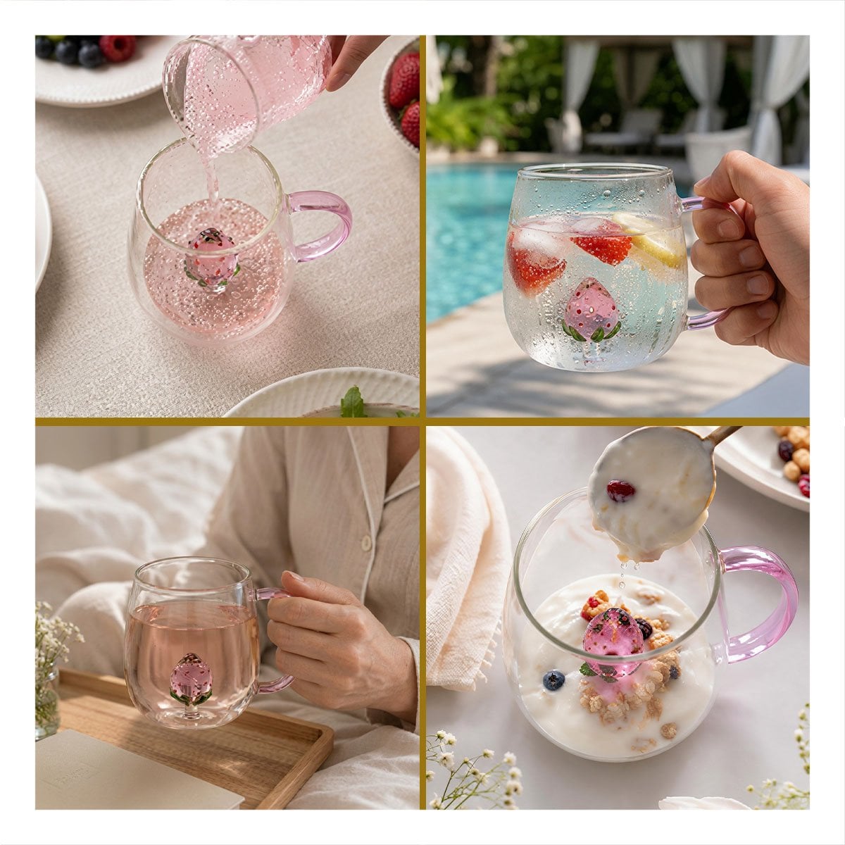 PACK4 TAZA DE FRESA CON ASA ROSADA TRANSPARENTE PARA DESAYUNOS Y BEBIDAS EN CASA - 4